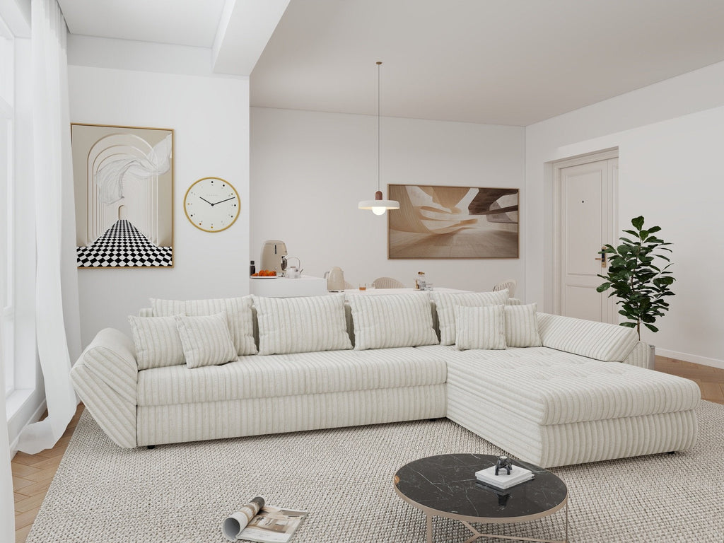 Colțar extensibil dumonde cu ladă de depozitare si sezut confortabil din spuma high-density, Loana XL Tilia Bej 01 II 335x185 cm