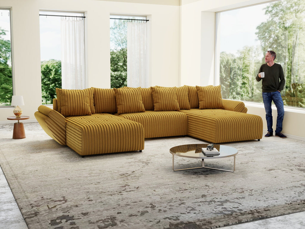 Colțar extensibil dumonde cu ladă de depozitare si sezut confortabil din spuma high-density, Berlin U Ambiance Mustar 380x180 cm