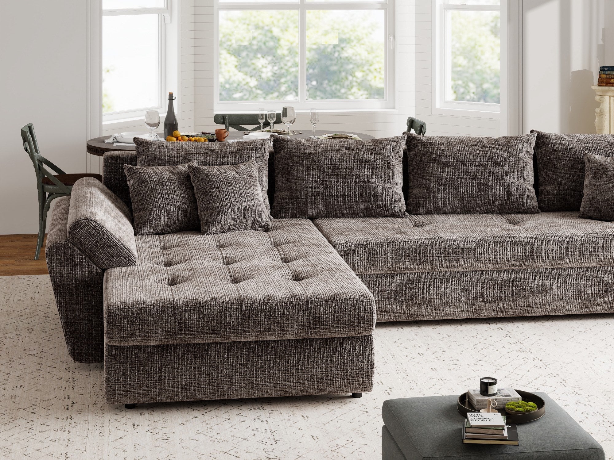 Colțar extensibil dumonde cu ladă de depozitare si sezut confortabil din spuma high-density, Loana XL Cremona Maro-bej 335x185 cm