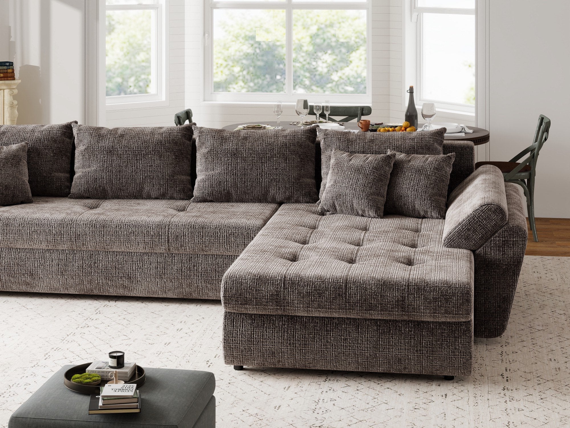Colțar extensibil dumonde cu ladă de depozitare si sezut confortabil din spuma high-density, Loana XL Cremona Maro-bej II 335x185 cm