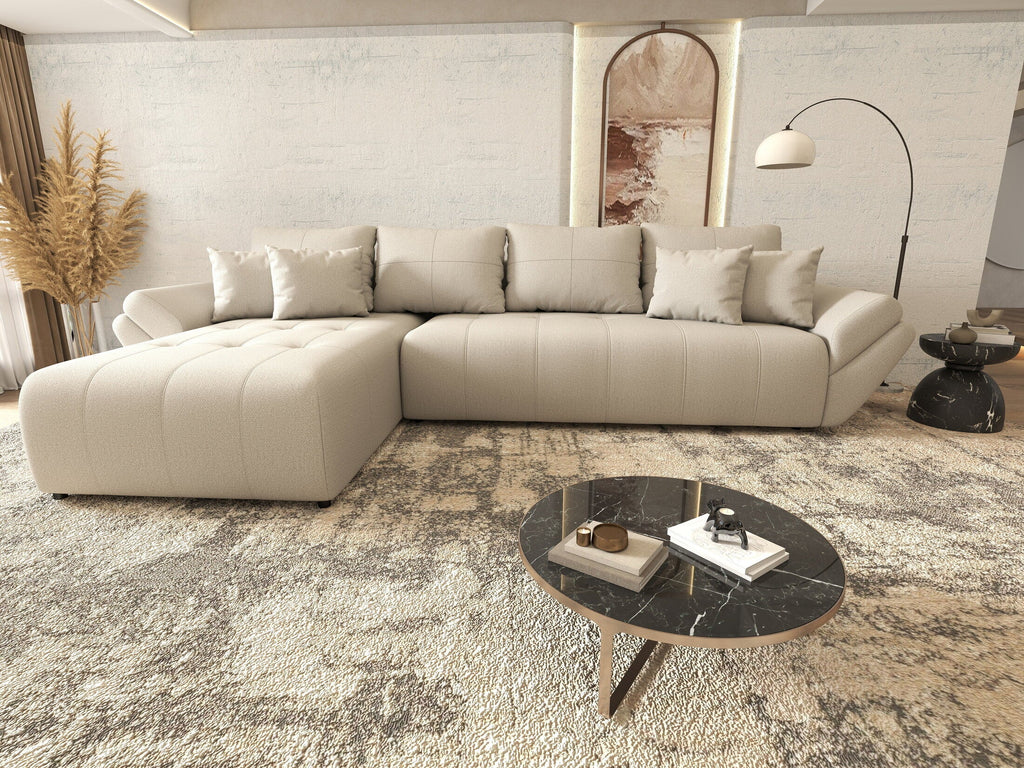 Colțar extensibil dumonde cu ladă de depozitare si sezut confortabil din spuma high-density, Berlin XL Enjoy Beige 350x185 cm
