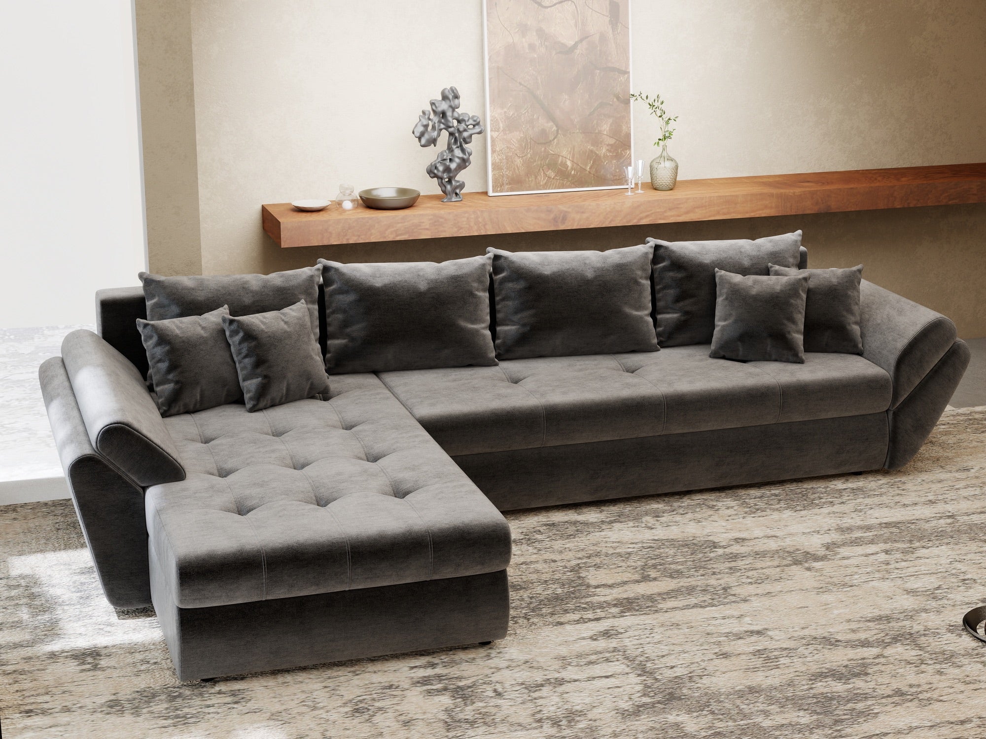 Colțar extensibil dumonde cu ladă de depozitare si sezut confortabil din spuma high-density, Loana XL Monolith Gri Antracit 335x185 cm