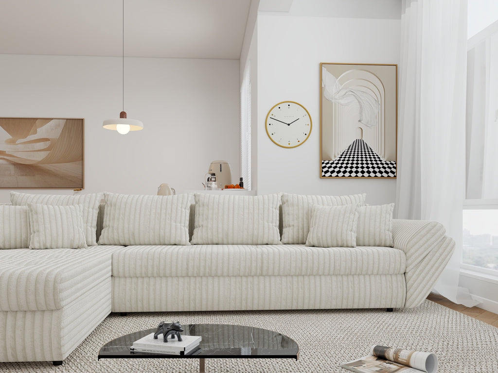 Colțar extensibil dumonde cu ladă de depozitare si sezut confortabil din spuma high-density, Loana XL Tilia Bej 01 335x185 cm