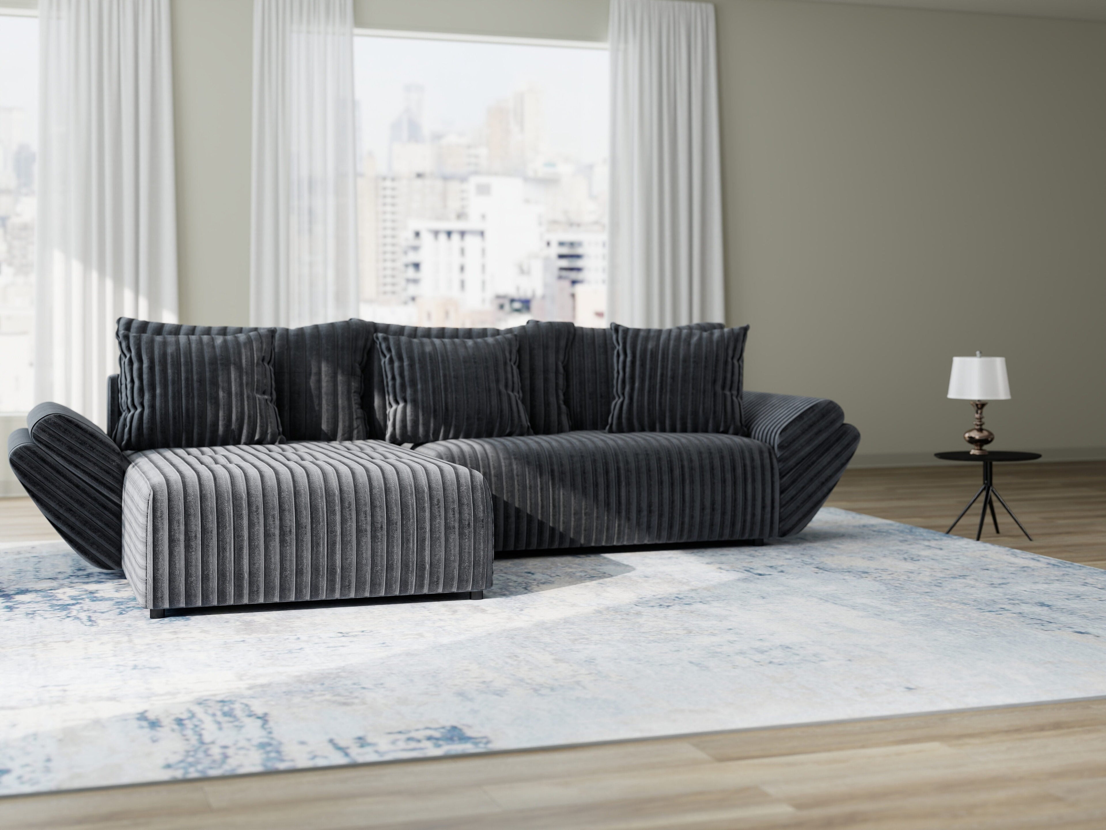 Colțar extensibil dumonde cu ladă de depozitare si sezut confortabil din spuma high-density, Berlin Ambience Gri 280x185 cm