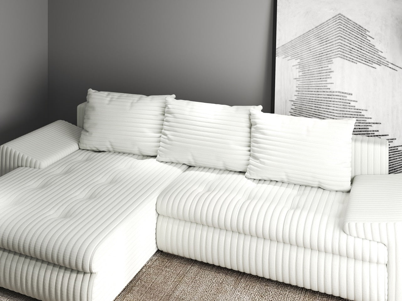 Colțar extensibil dumonde cu ladă de depozitare si sezut confortabil din spuma high-density, Leonardo Ambience Ivory 260x185 cm