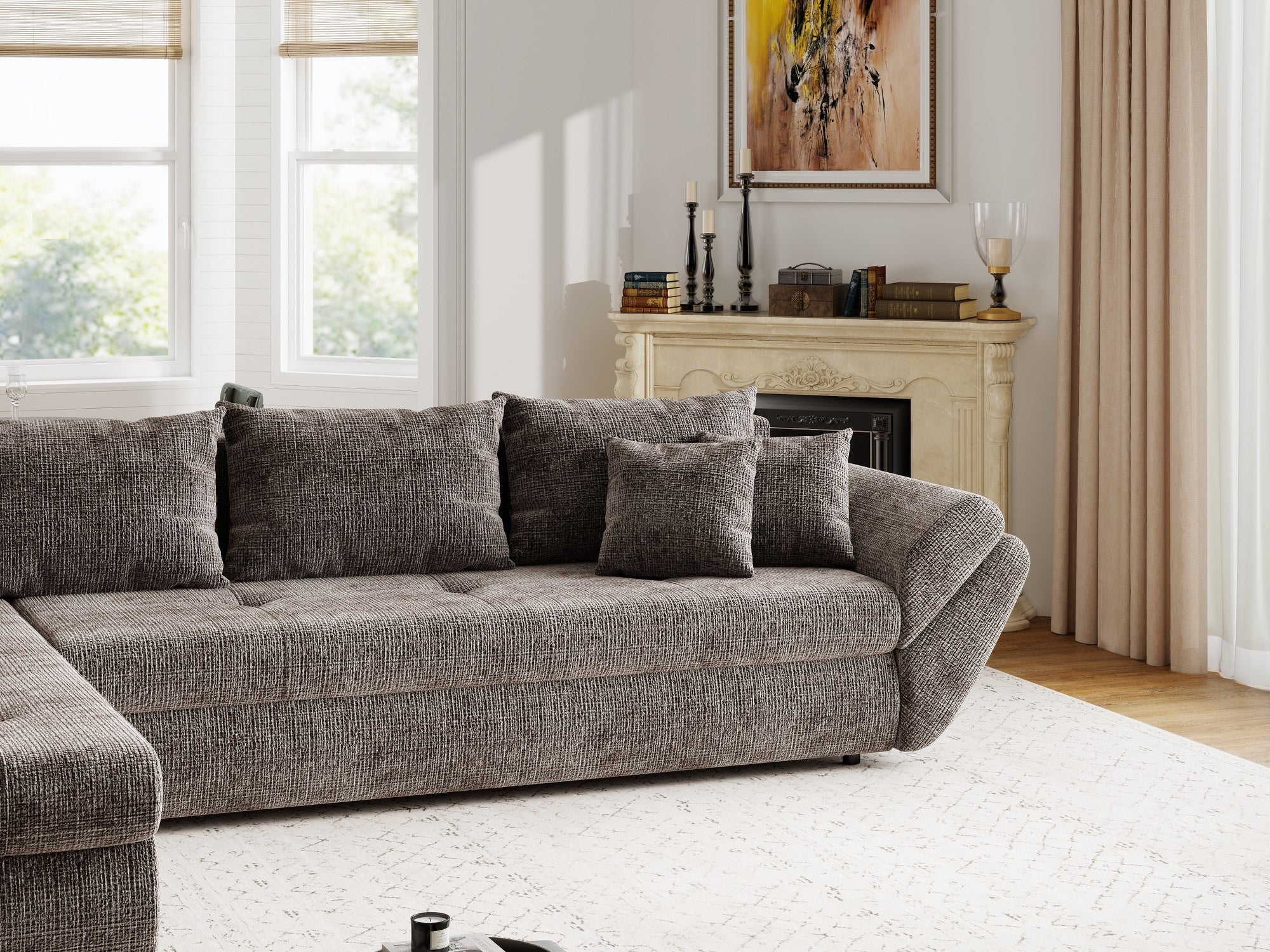 Colțar extensibil dumonde cu ladă de depozitare si sezut confortabil din spuma high-density, Loana XL Cremona Maro-bej 335x185 cm