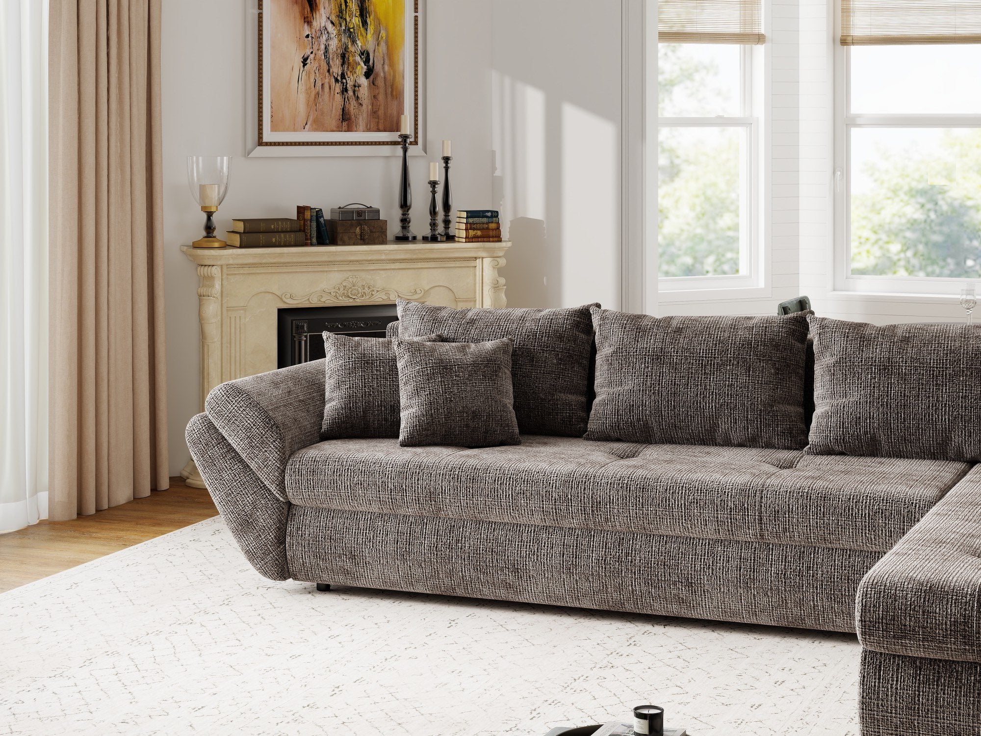 Colțar extensibil dumonde cu ladă de depozitare si sezut confortabil din spuma high-density, Loana XL Cremona Maro-bej II 335x185 cm