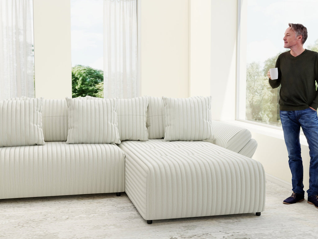 Colțar extensibil dumonde cu ladă de depozitare si sezut confortabil din spuma high-density, Berlin U Ambience Ivory 380x180 cm