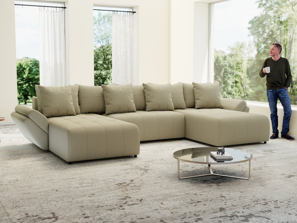 Colțar extensibil dumonde cu ladă de depozitare si sezut confortabil din spuma high-density, Berlin U Enjoy Camel 380x180 cm