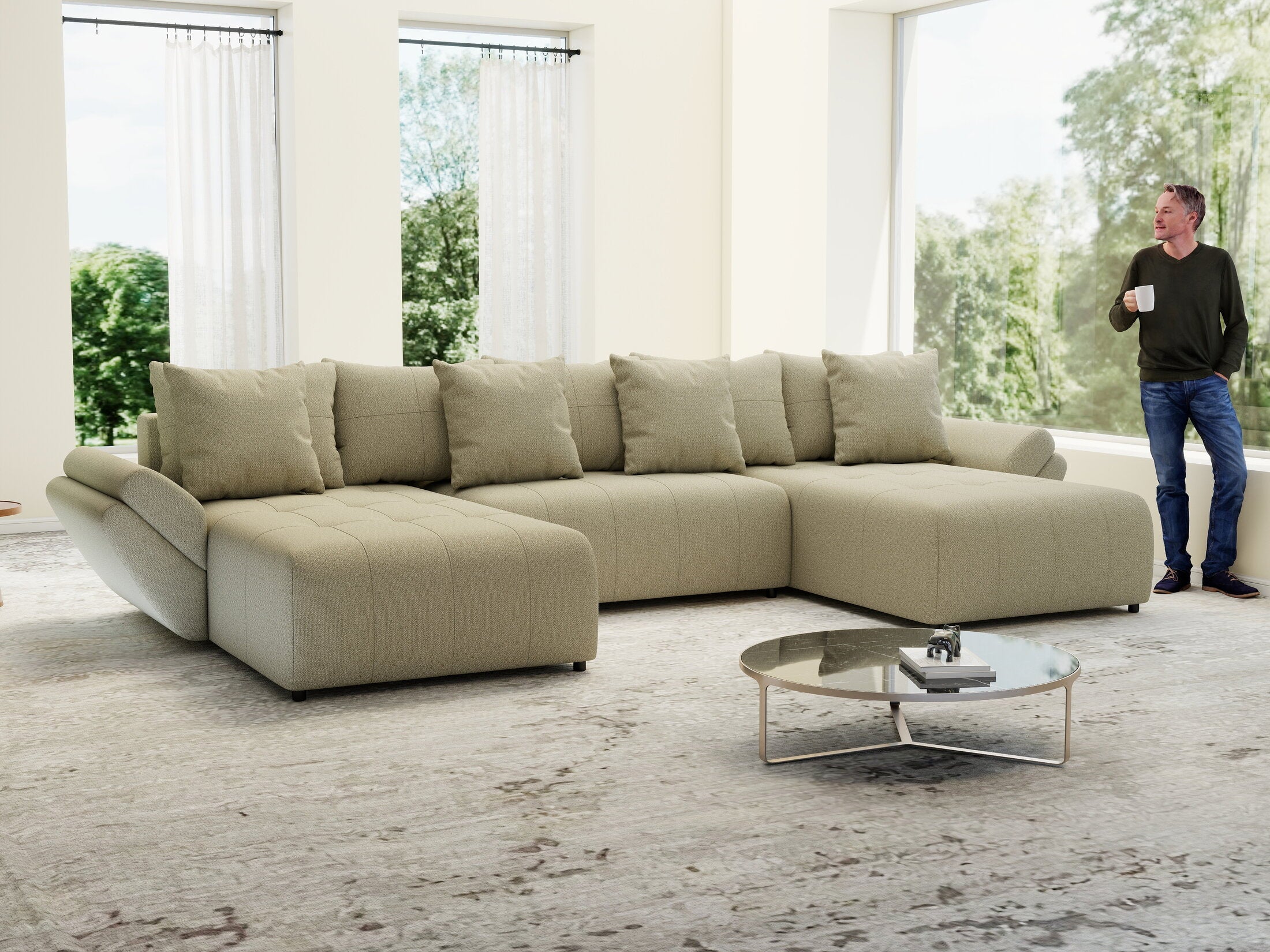 Colțar extensibil dumonde cu ladă de depozitare si sezut confortabil din spuma high-density, Berlin U Enjoy Camel 380x180 cm