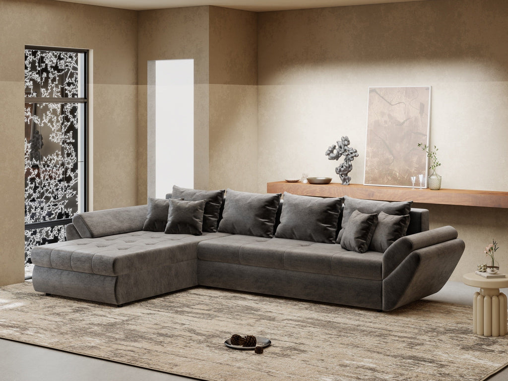 Colțar extensibil dumonde cu ladă de depozitare si sezut confortabil din spuma high-density, Loana XL Monolith Gri Antracit 335x185 cm