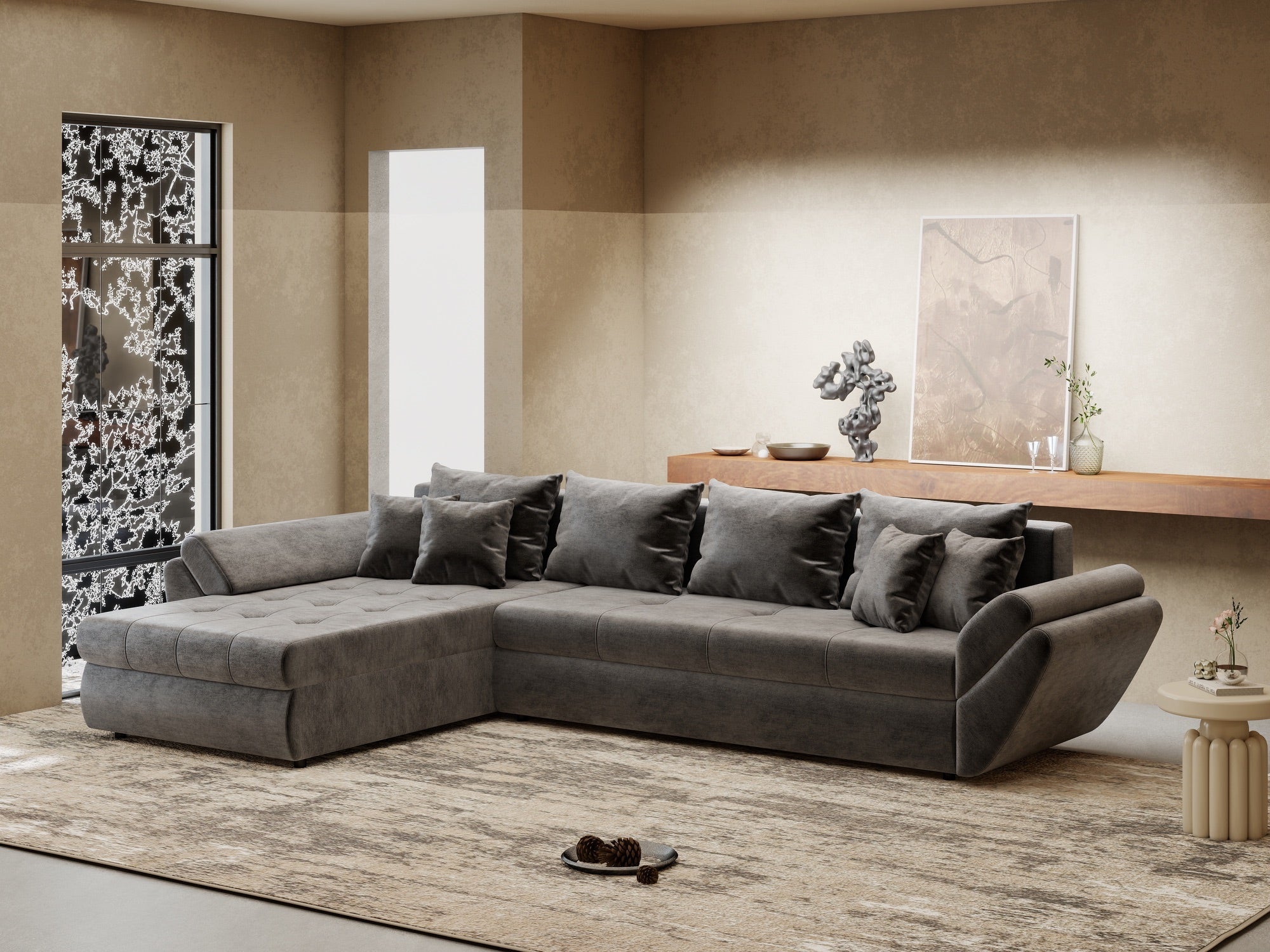 Colțar extensibil dumonde cu ladă de depozitare si sezut confortabil din spuma high-density, Loana XL Monolith Gri Antracit 335x185 cm