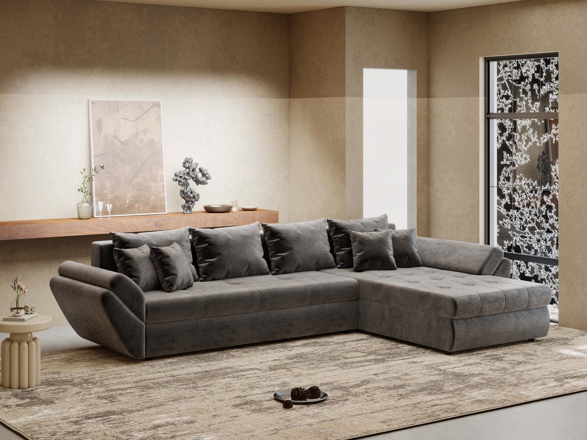 Colțar extensibil dumonde cu ladă de depozitare si sezut confortabil din spuma high-density, Loana XL Monolith Gri Antracit II 335x185 cm