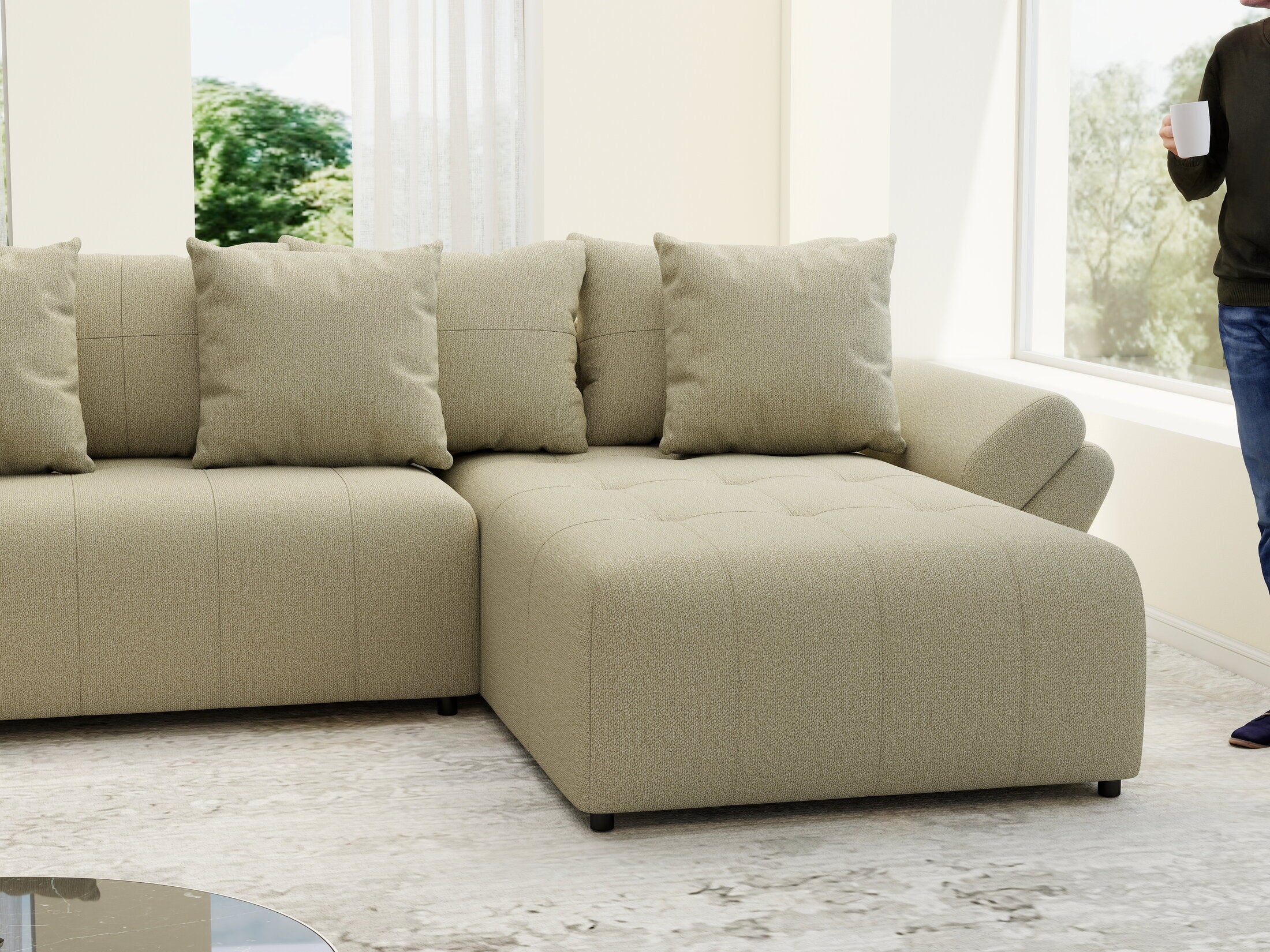 Colțar extensibil dumonde cu ladă de depozitare si sezut confortabil din spuma high-density, Berlin U Enjoy Camel 380x180 cm