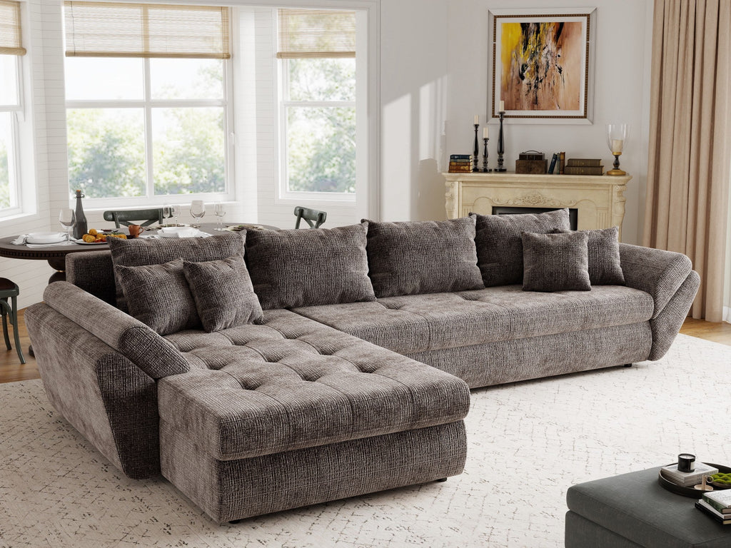 Colțar extensibil dumonde cu ladă de depozitare si sezut confortabil din spuma high-density, Loana XL Cremona Maro-bej 335x185 cm