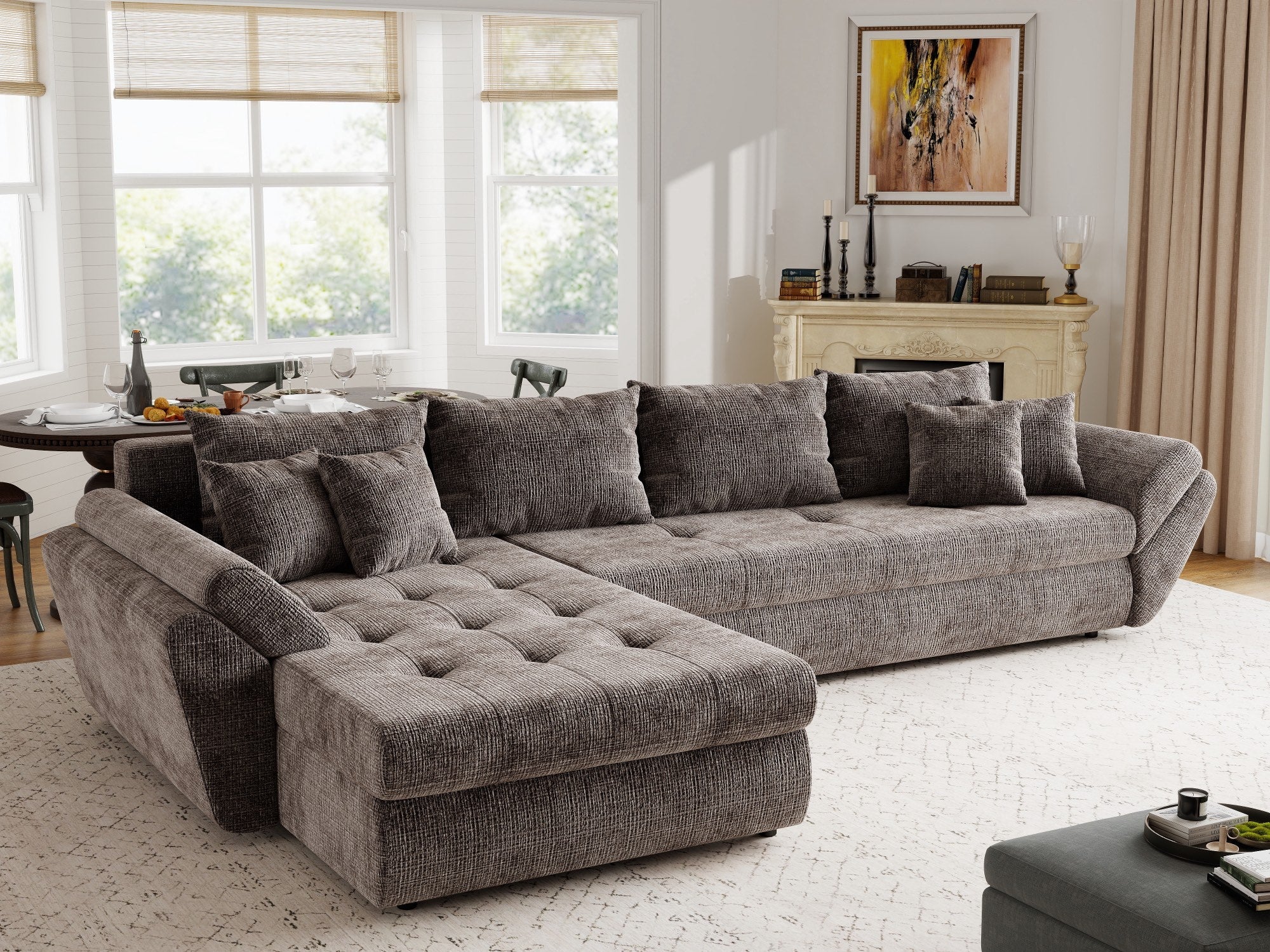 Colțar extensibil dumonde cu ladă de depozitare si sezut confortabil din spuma high-density, Loana XL Cremona Maro-bej 335x185 cm