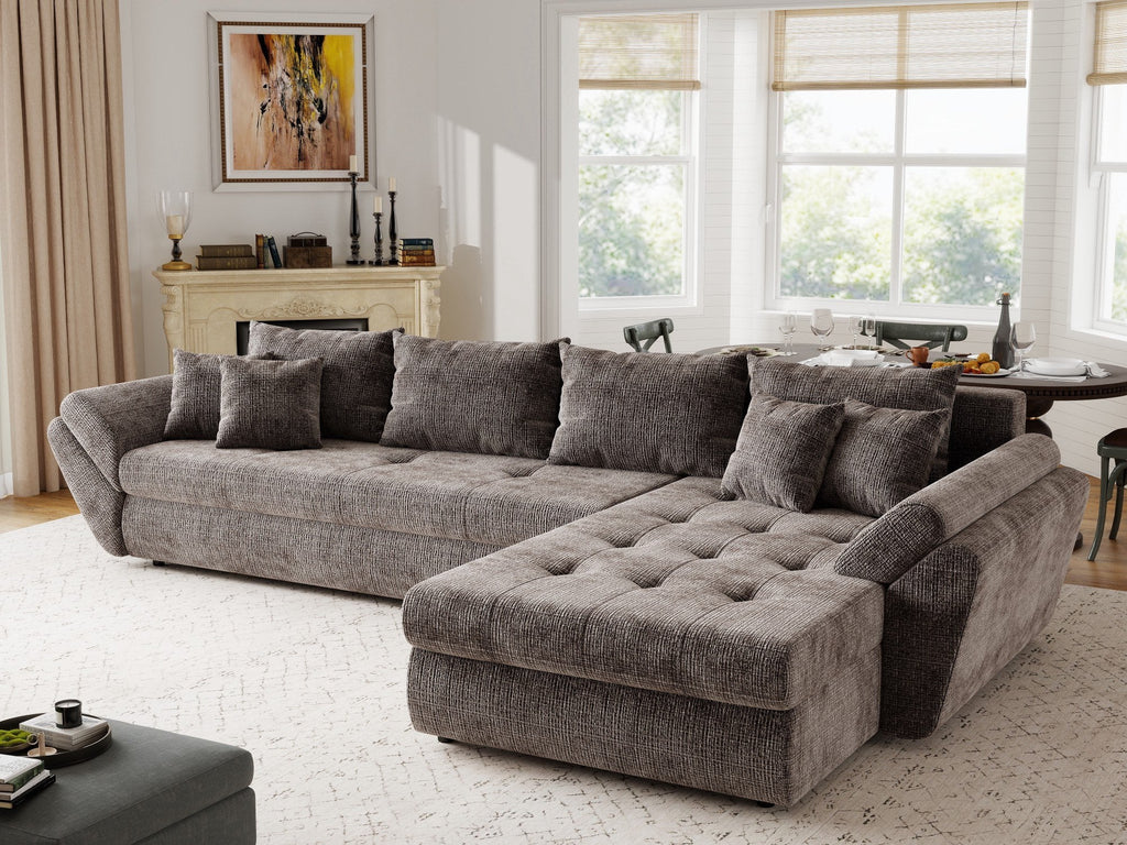 Colțar extensibil dumonde cu ladă de depozitare si sezut confortabil din spuma high-density, Loana XL Cremona Maro-bej II 335x185 cm