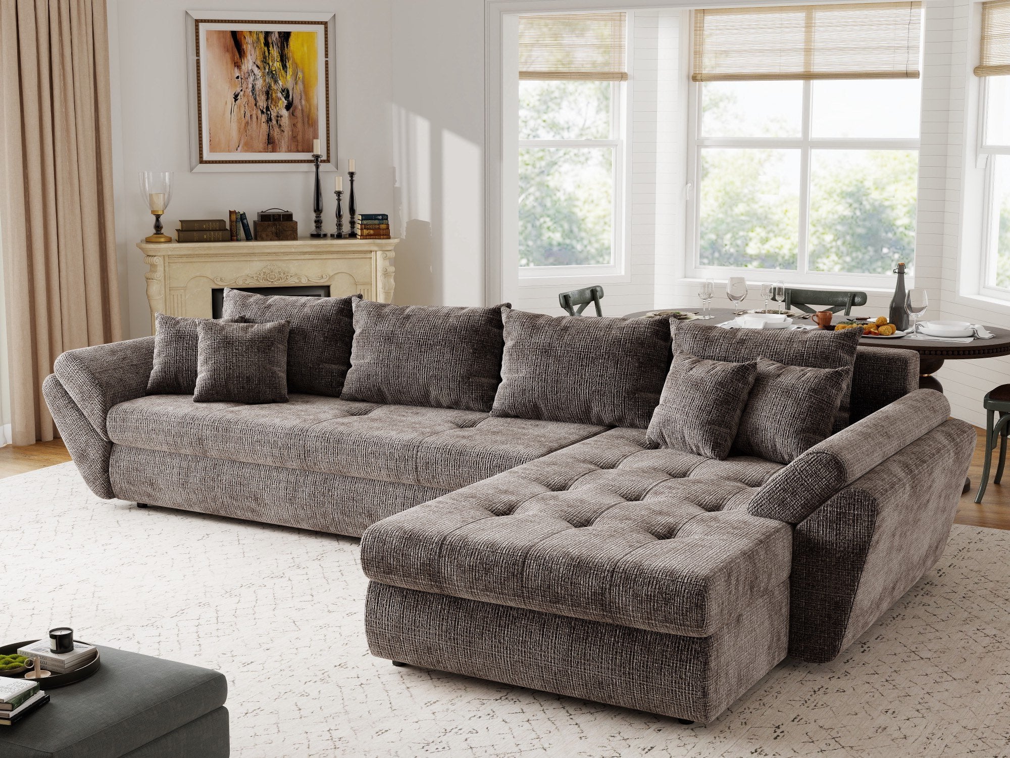 Colțar extensibil dumonde cu ladă de depozitare si sezut confortabil din spuma high-density, Loana XL Cremona Maro-bej II 335x185 cm