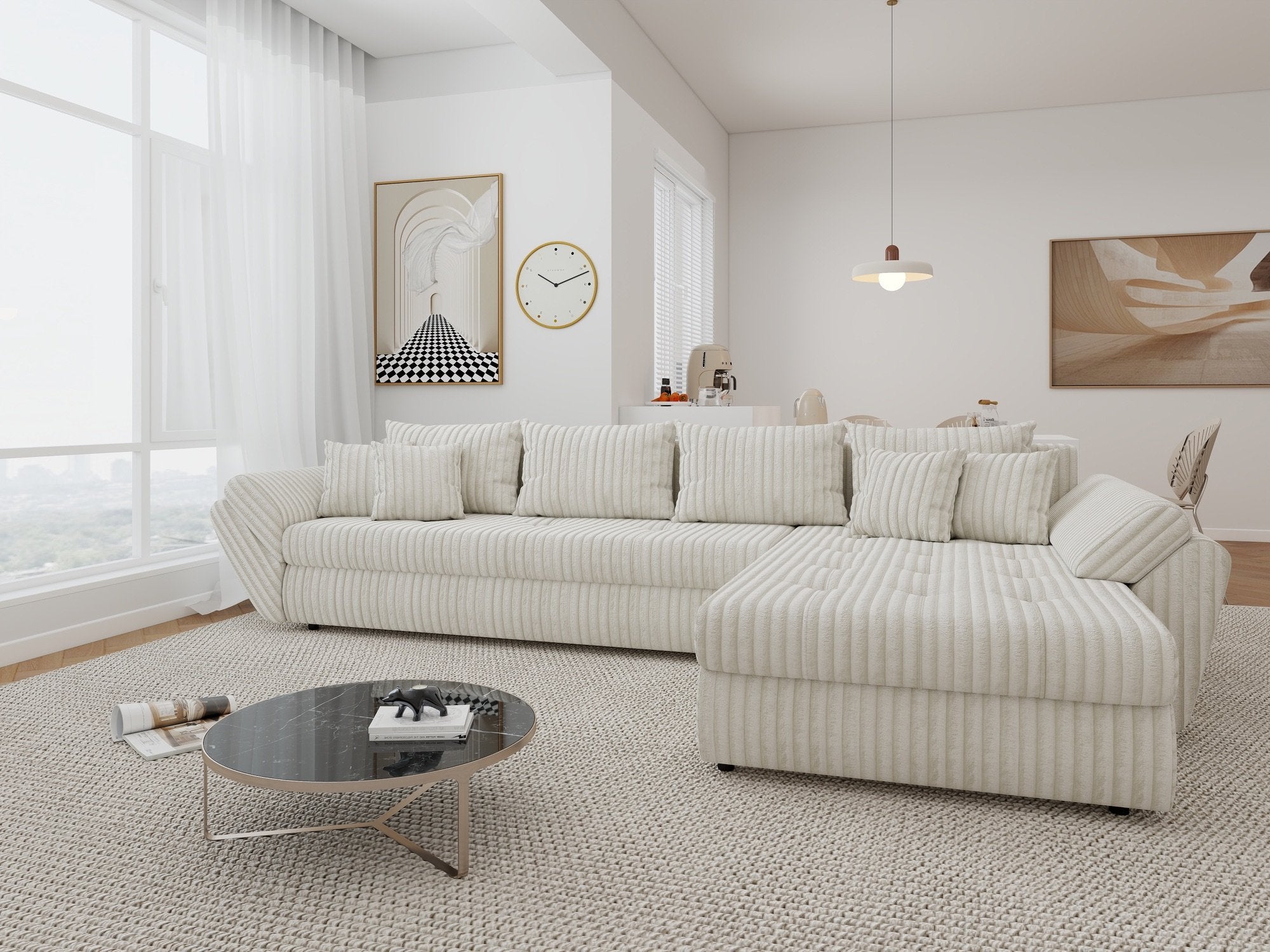 Colțar extensibil dumonde cu ladă de depozitare si sezut confortabil din spuma high-density, Loana XL Tilia Bej 01 II 335x185 cm