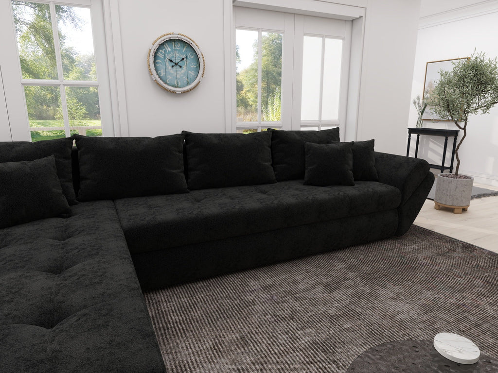 Colțar extensibil dumonde cu ladă de depozitare si sezut confortabil din spuma high-density, Loana XL Monte Negru 335x185 cm