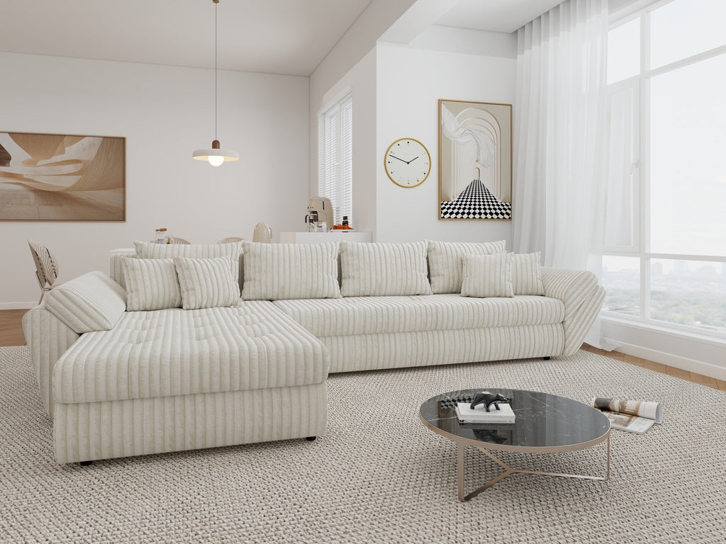 Colțar extensibil dumonde cu ladă de depozitare si sezut confortabil din spuma high-density, Loana XL Tilia Bej 01 335x185 cm