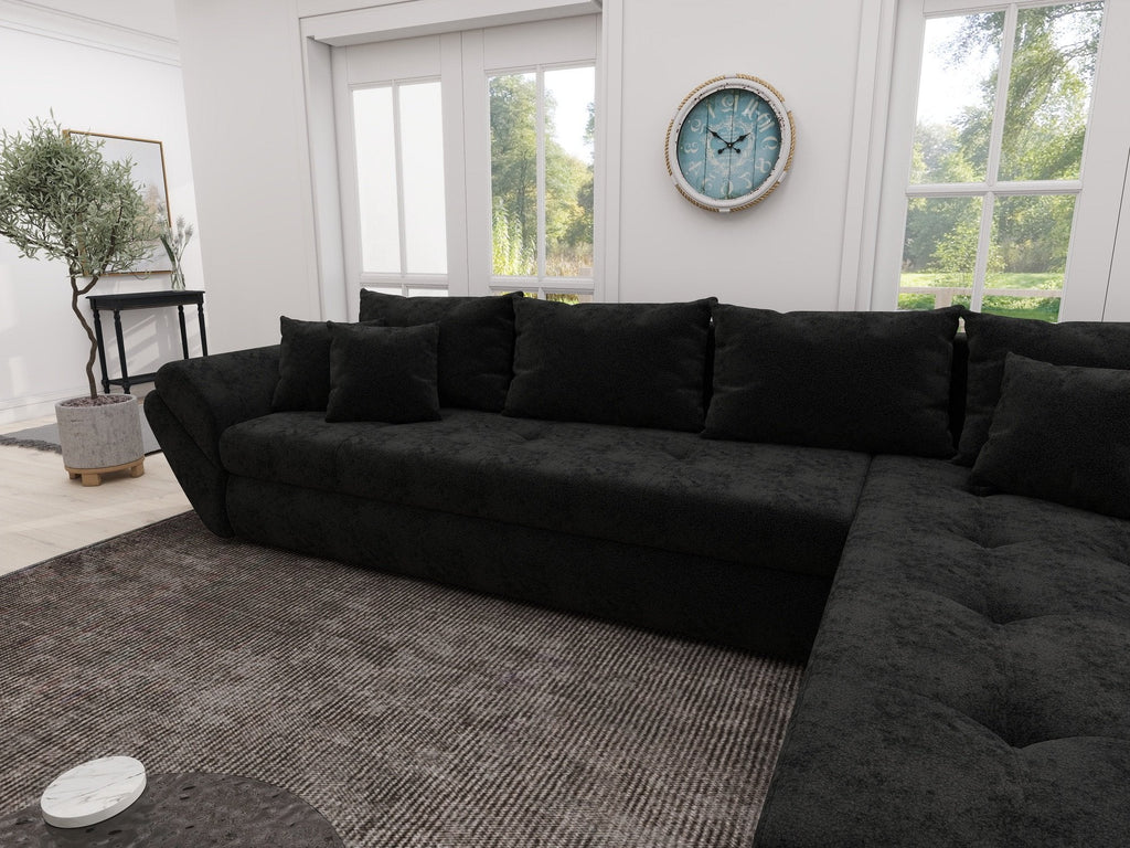 Colțar extensibil dumonde cu ladă de depozitare si sezut confortabil din spuma high-density, Loana XL Monte Negru II 335x185 cm