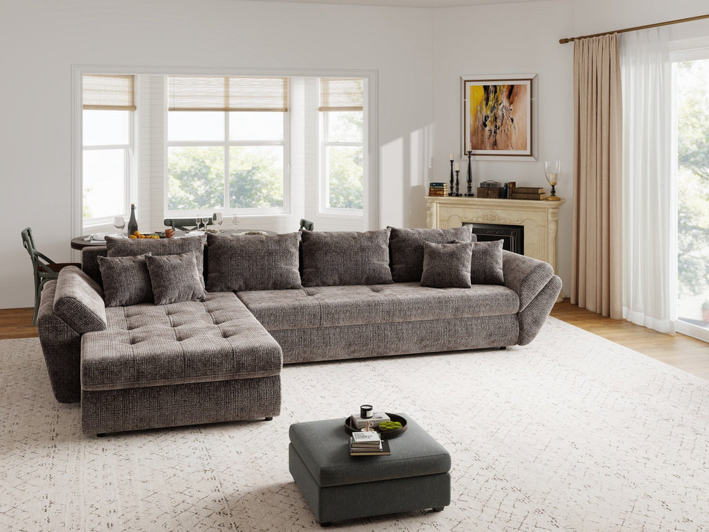 Colțar extensibil dumonde cu ladă de depozitare si sezut confortabil din spuma high-density, Loana XL Cremona Maro-bej 335x185 cm