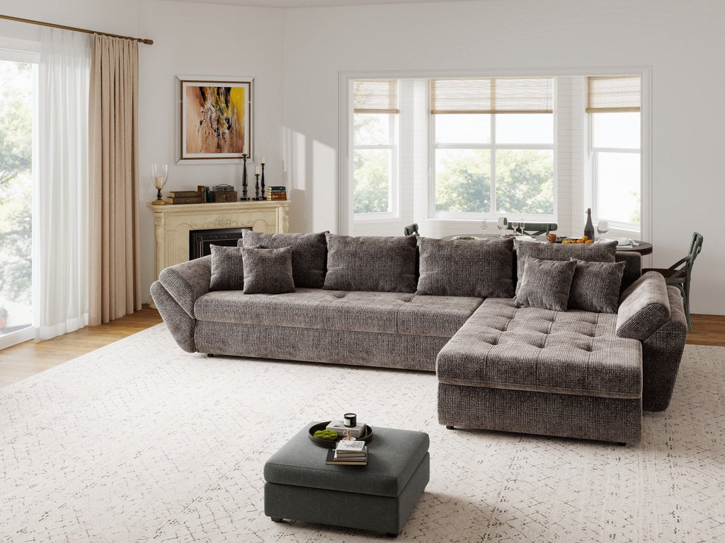 Colțar extensibil dumonde cu ladă de depozitare si sezut confortabil din spuma high-density, Loana XL Cremona Maro-bej II 335x185 cm