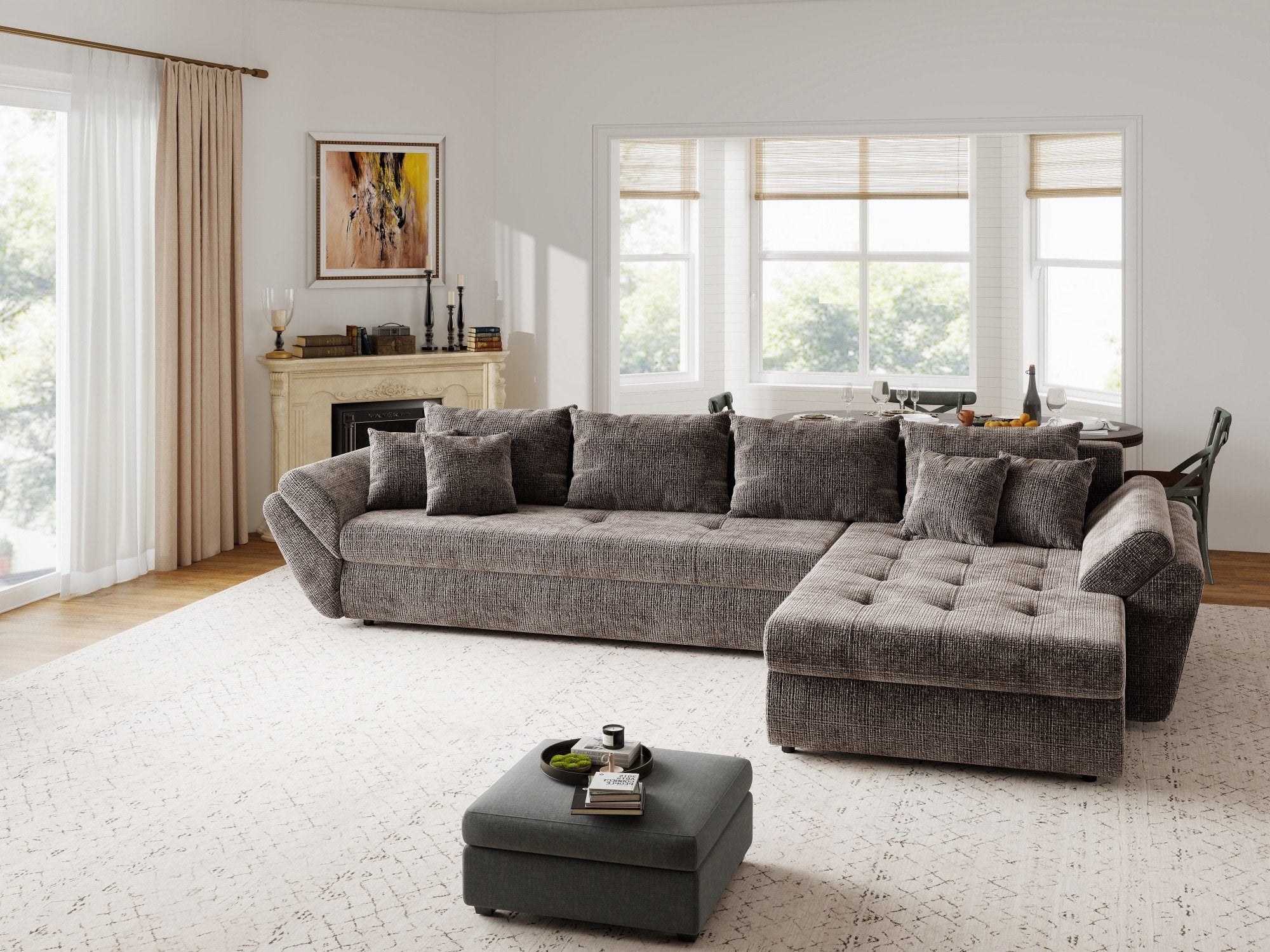 Colțar extensibil dumonde cu ladă de depozitare si sezut confortabil din spuma high-density, Loana XL Cremona Maro-bej II 335x185 cm
