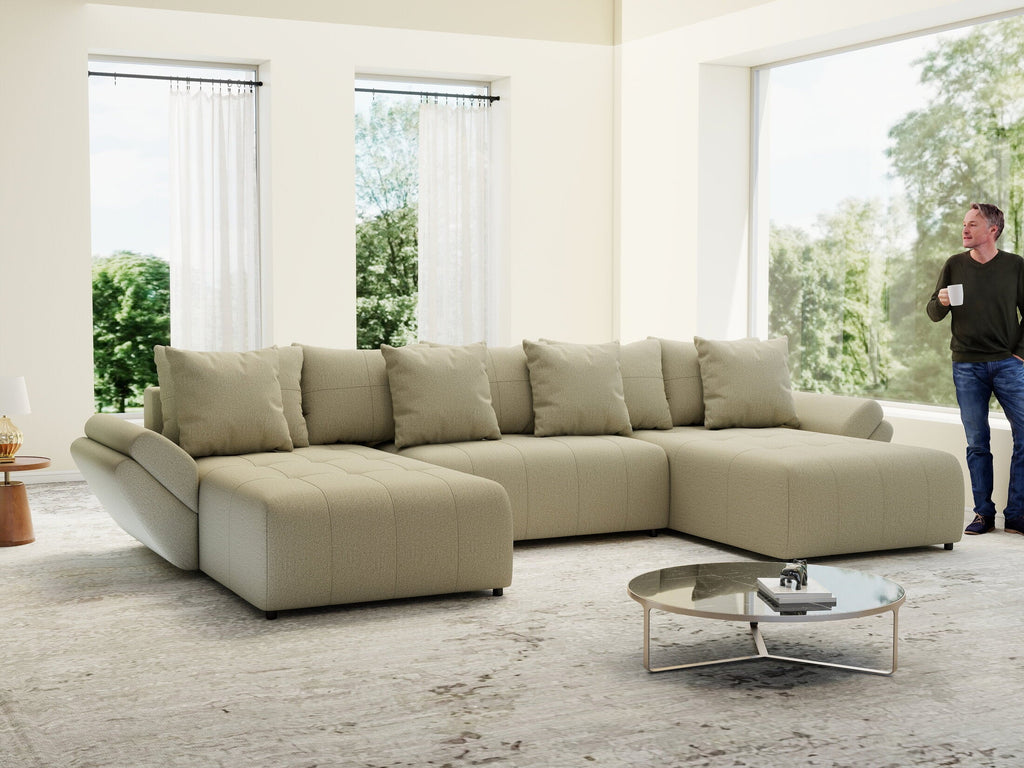 Colțar extensibil dumonde cu ladă de depozitare si sezut confortabil din spuma high-density, Berlin U Enjoy Camel 380x180 cm