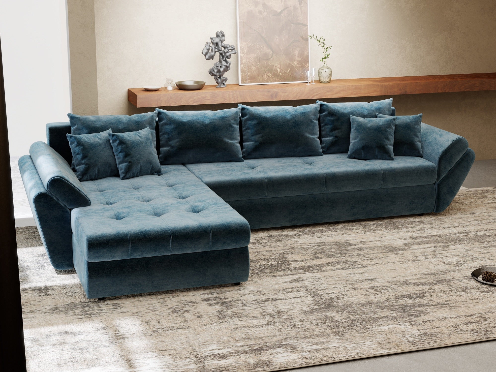 Colțar extensibil dumonde cu ladă de depozitare si sezut confortabil din spuma high-density, Loana XL Monolith Albastru 335x185 cm