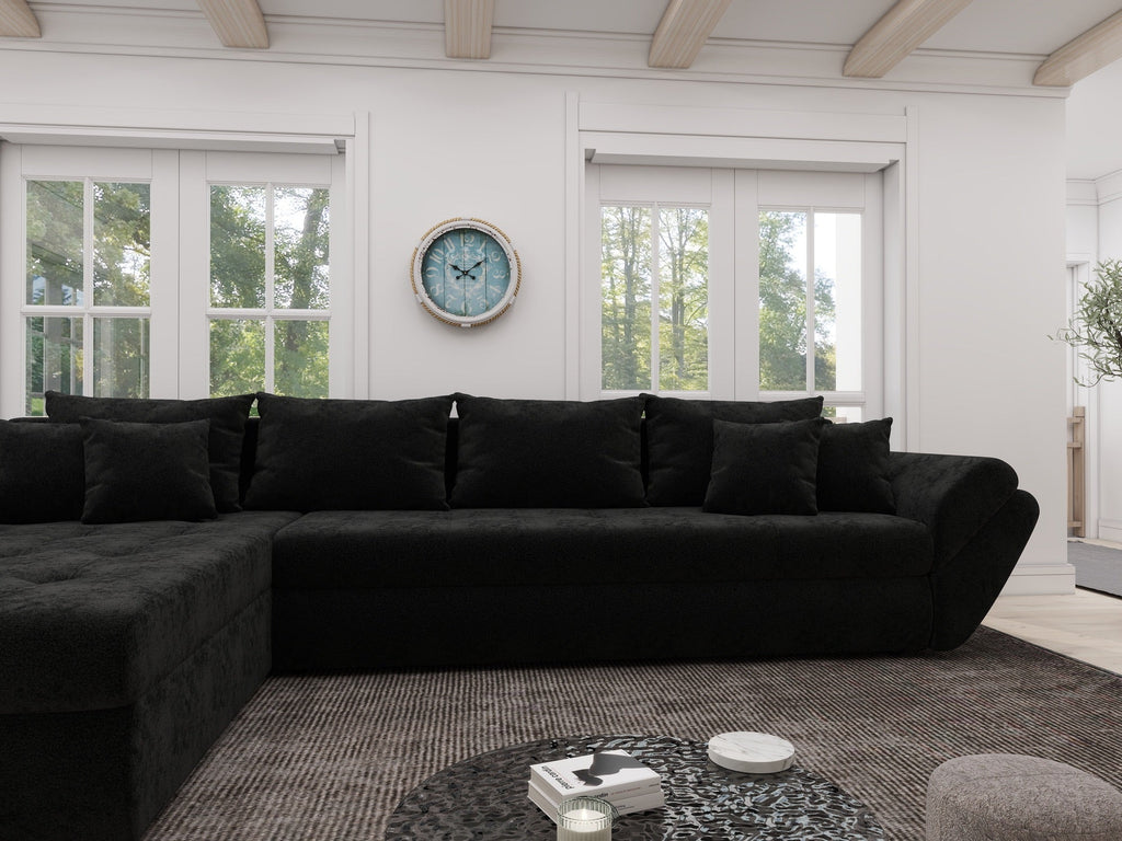 Colțar extensibil dumonde cu ladă de depozitare si sezut confortabil din spuma high-density, Loana XL Monte Negru 335x185 cm