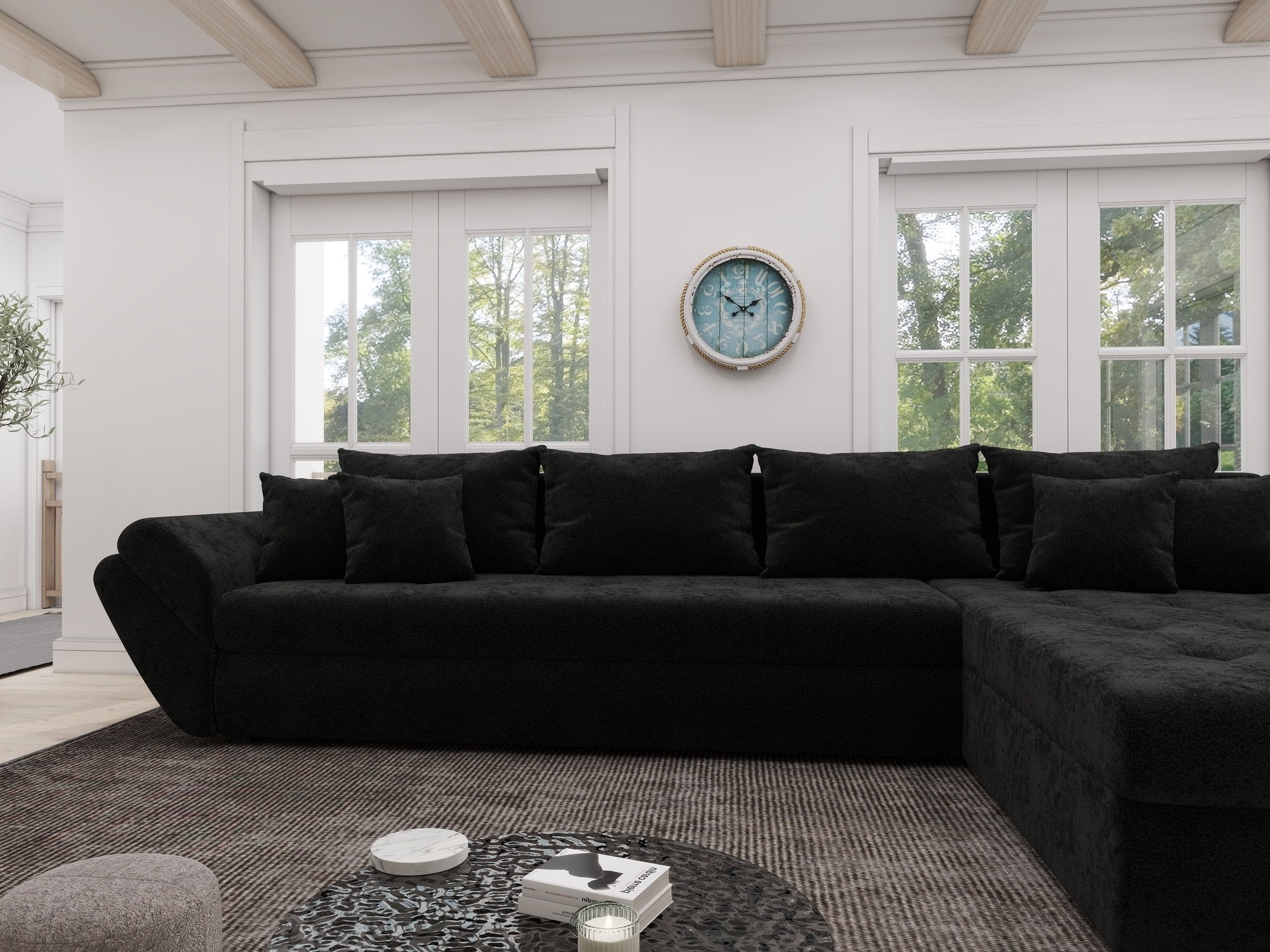 Colțar extensibil dumonde cu ladă de depozitare si sezut confortabil din spuma high-density, Loana XL Monte Negru II 335x185 cm