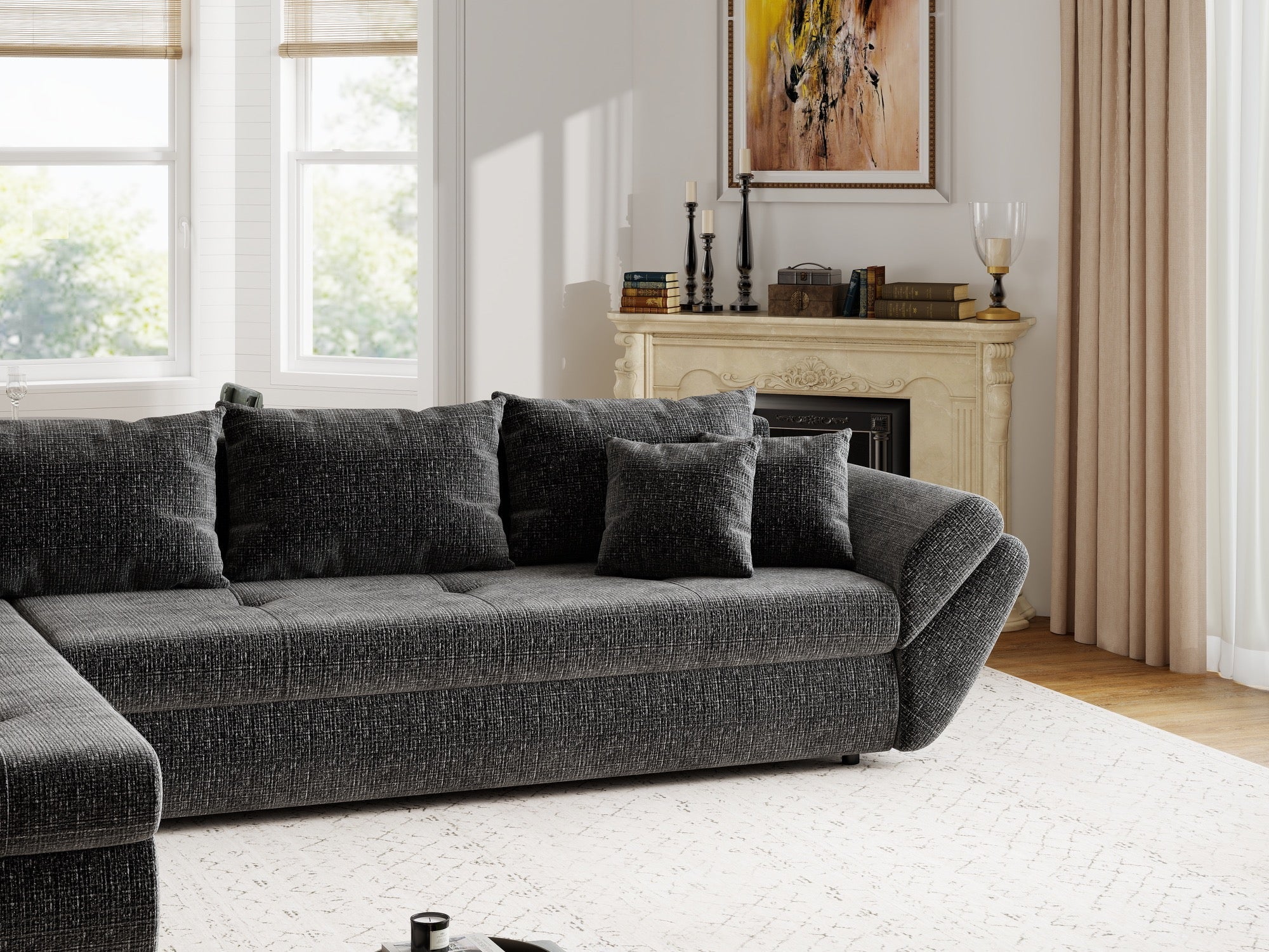 Colțar extensibil dumonde cu ladă de depozitare si sezut confortabil din spuma high-density, Loana XL Cremona Gri Antracit 335x185 cm