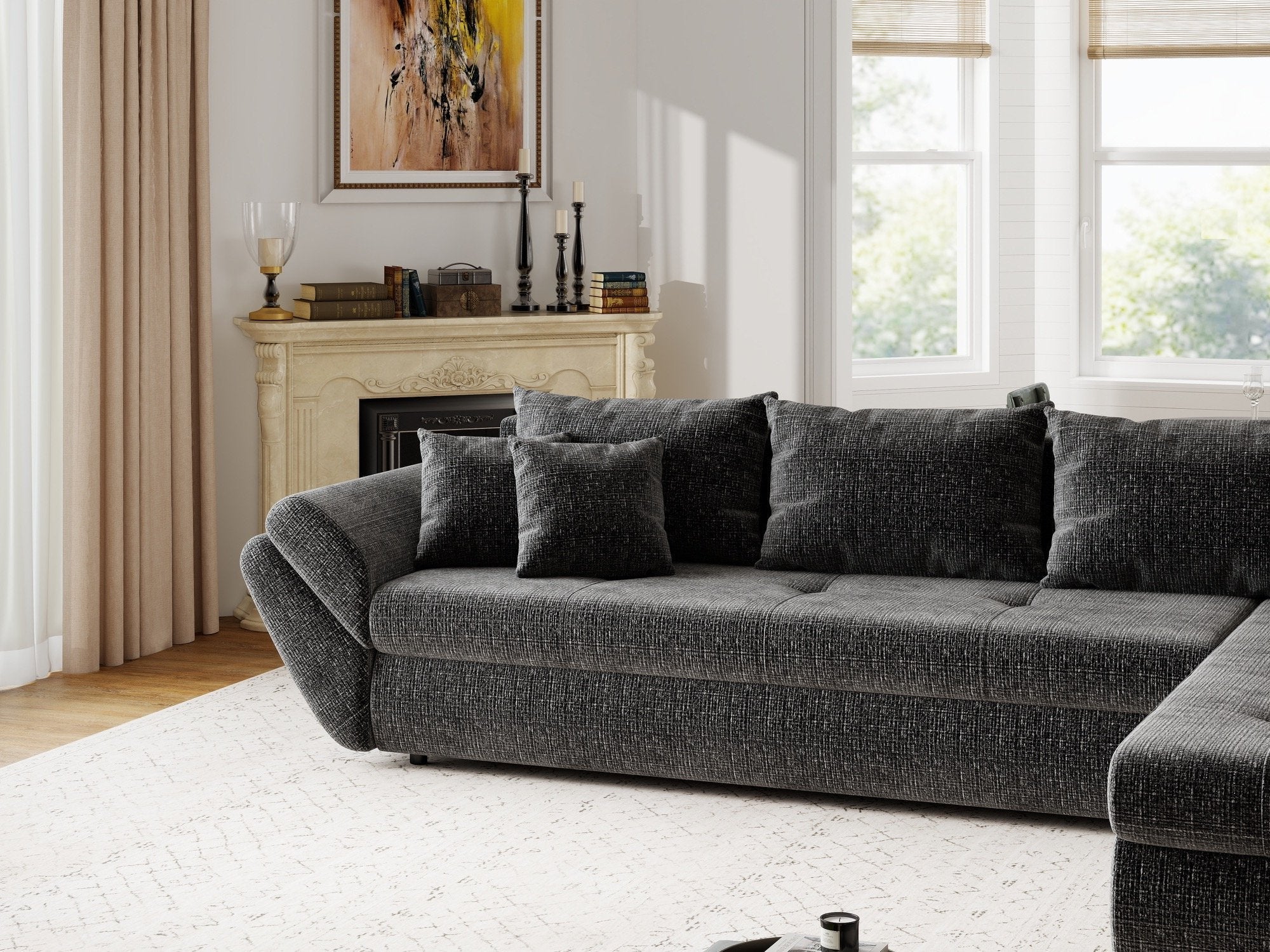 Colțar extensibil dumonde cu ladă de depozitare si sezut confortabil din spuma high-density, Loana XL Cremona Gri Antracit II 335x185 cm