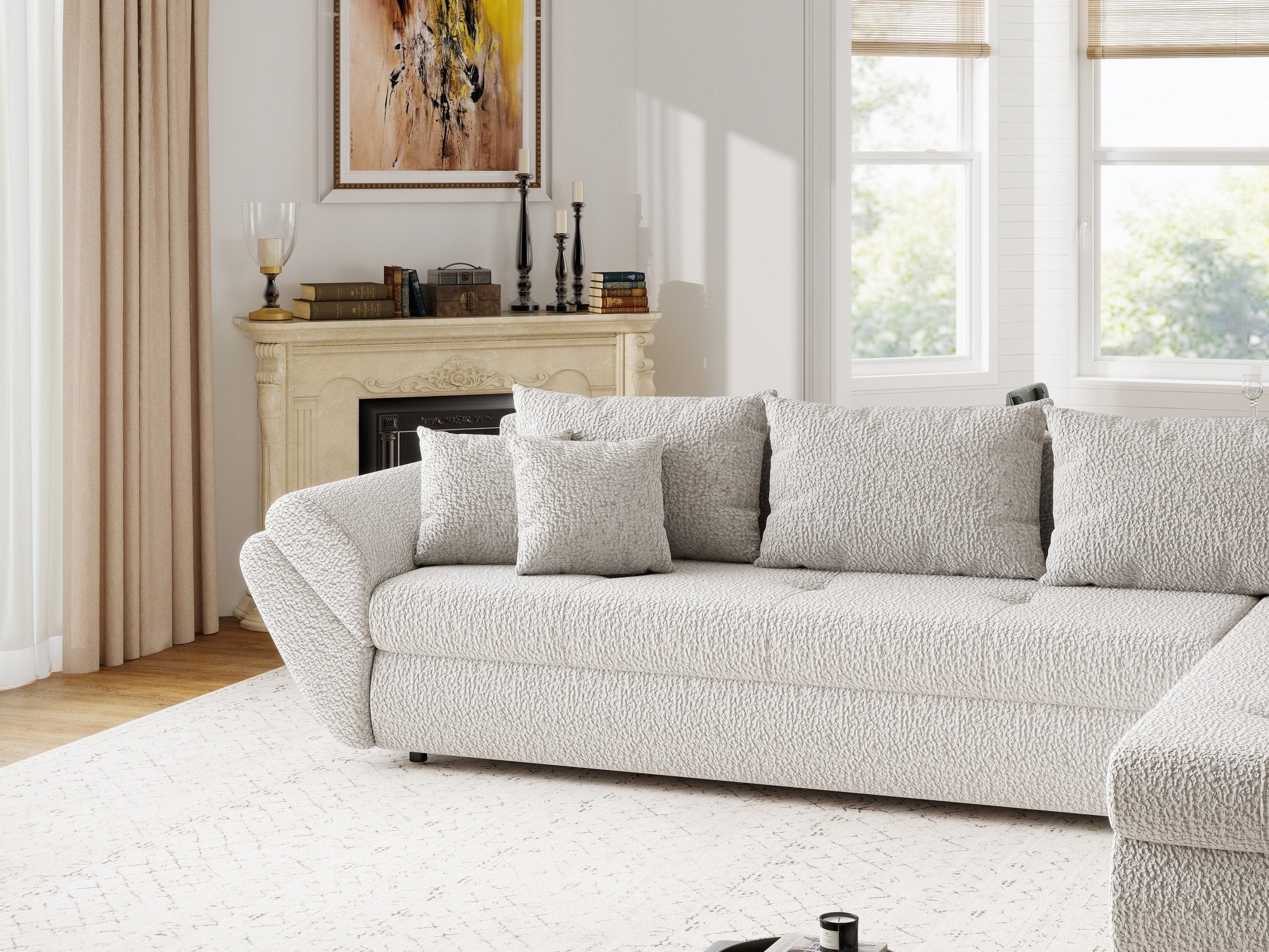 Colțar extensibil dumonde cu ladă de depozitare si sezut confortabil din spuma high-density, Loana XL Jaguar Gri II 335x185 cm