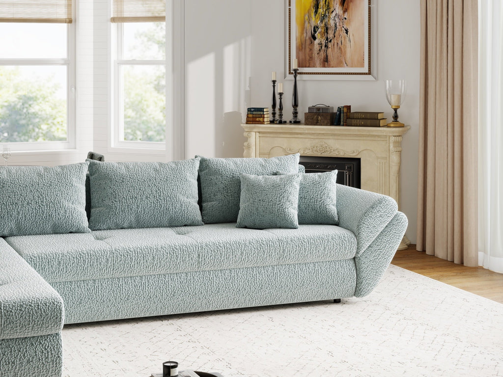 Colțar extensibil dumonde cu ladă de depozitare si sezut confortabil din spuma high-density, Loana XL Jaguar Verde Mint 335x185 cm