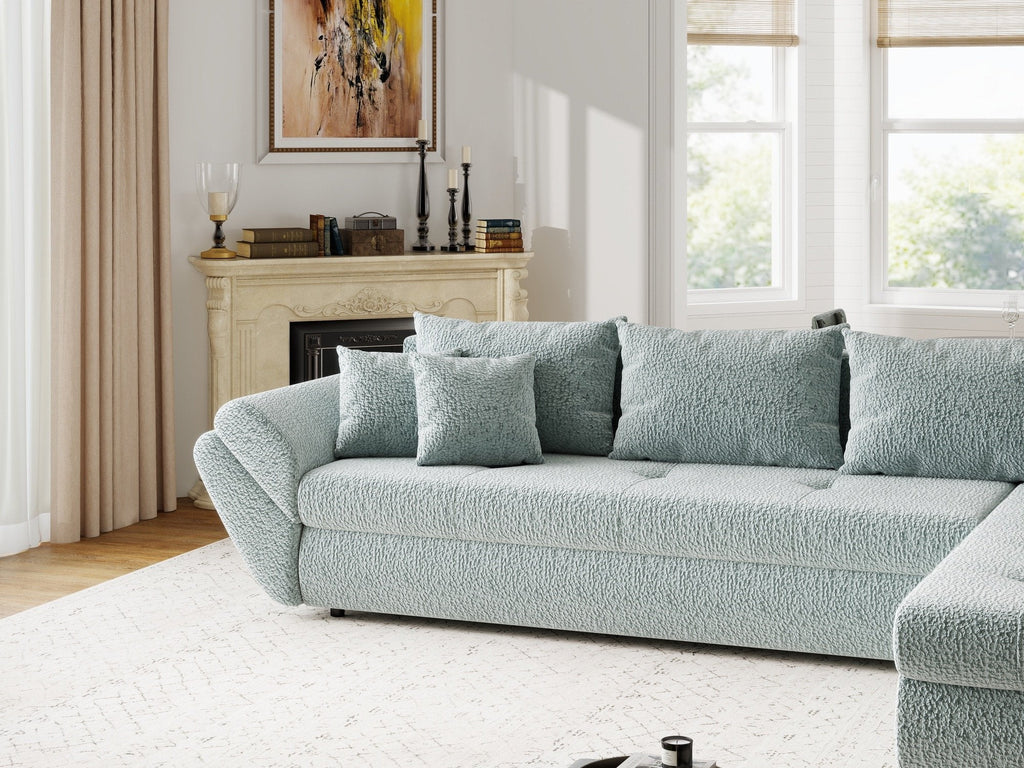 Colțar extensibil dumonde cu ladă de depozitare si sezut confortabil din spuma high-density, Loana XL Jaguar Verde Mint II 335x185 cm