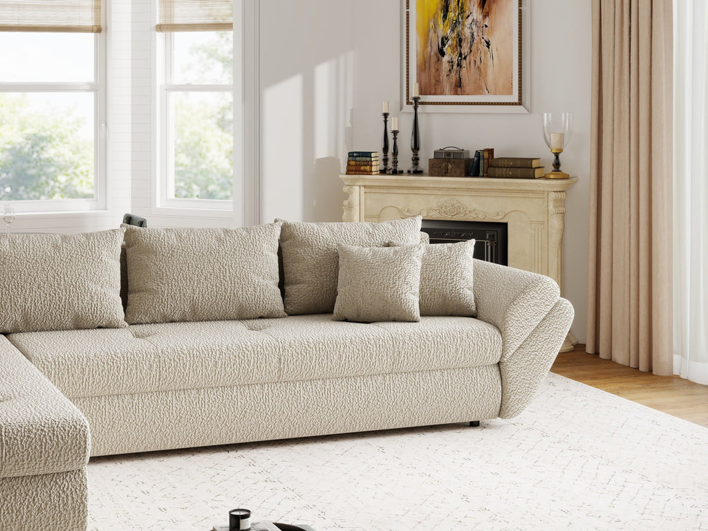 Colțar extensibil dumonde cu ladă de depozitare si sezut confortabil din spuma high-density, Loana XL Jaguar Bej 335x185 cm