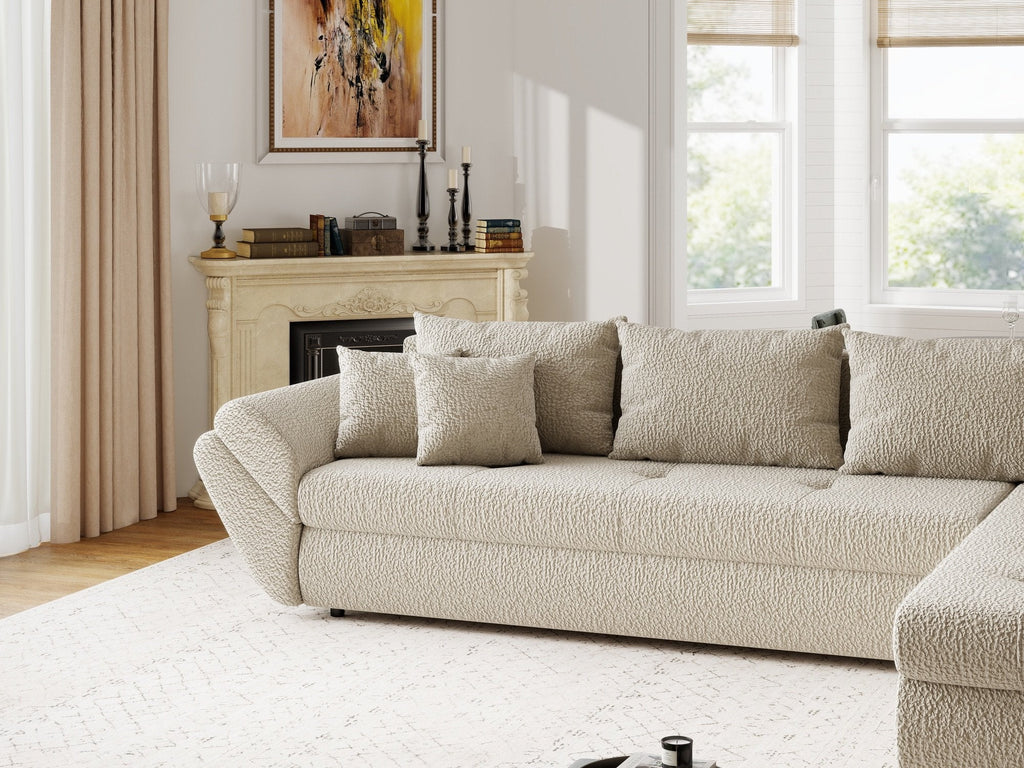 Colțar extensibil dumonde cu ladă de depozitare si sezut confortabil din spuma high-density, Loana XL Jaguar Bej II 335x185 cm