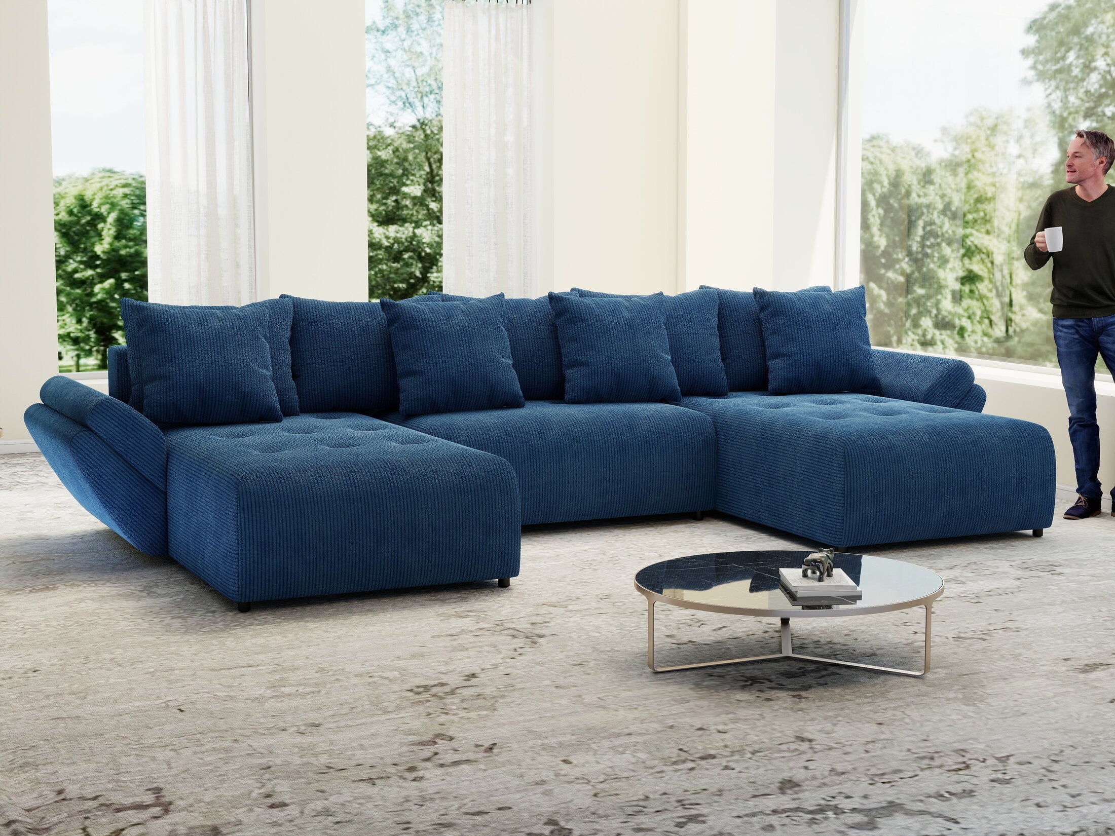 Colțar extensibil dumonde cu ladă de depozitare si sezut confortabil din spuma high-density, Berlin U Zoom Blue 380x180 cm
