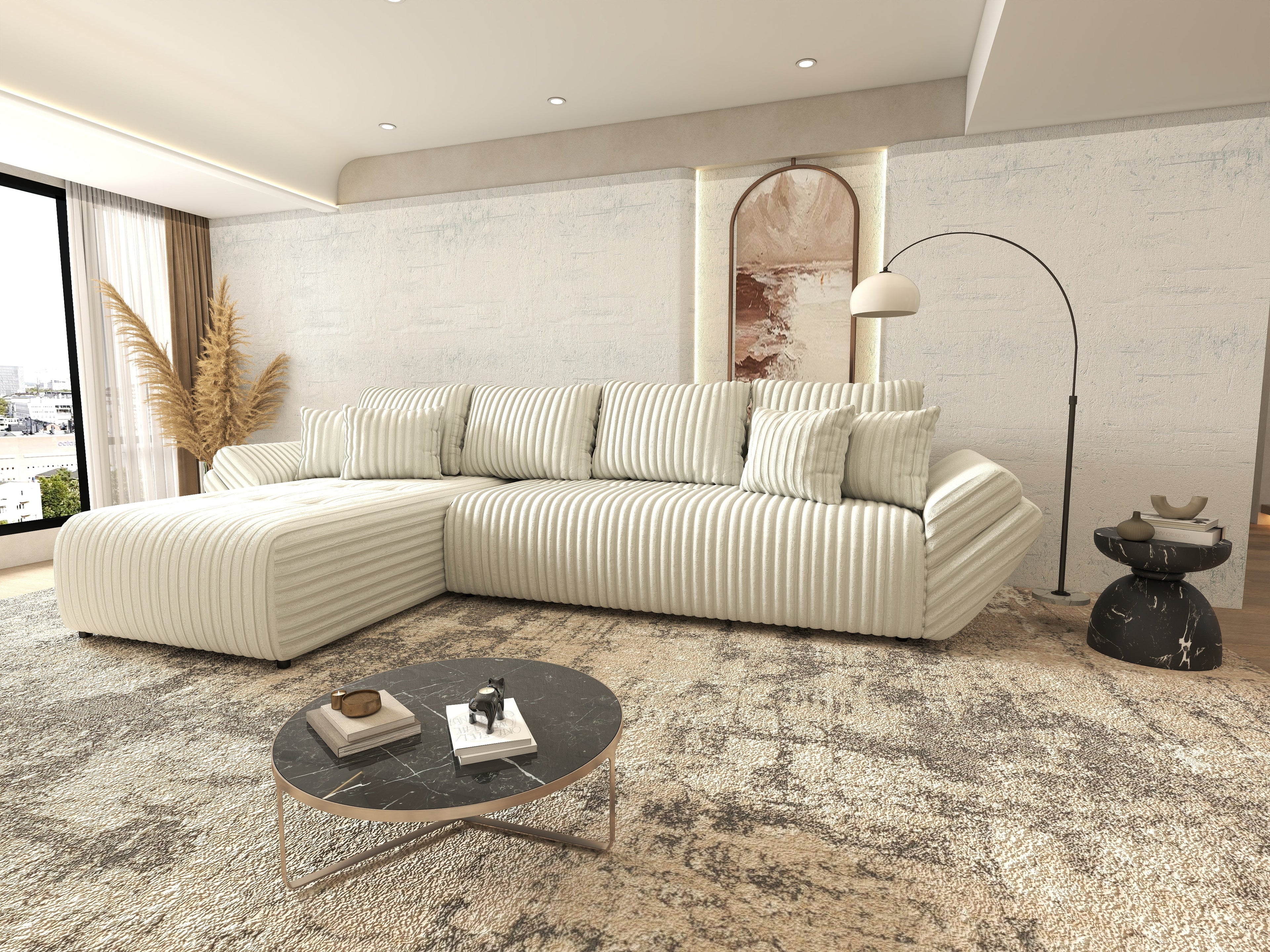 Colțar extensibil dumonde cu ladă de depozitare si sezut confortabil din spuma high-density, Berlin XL Ambience Ivory II 350x185 cm