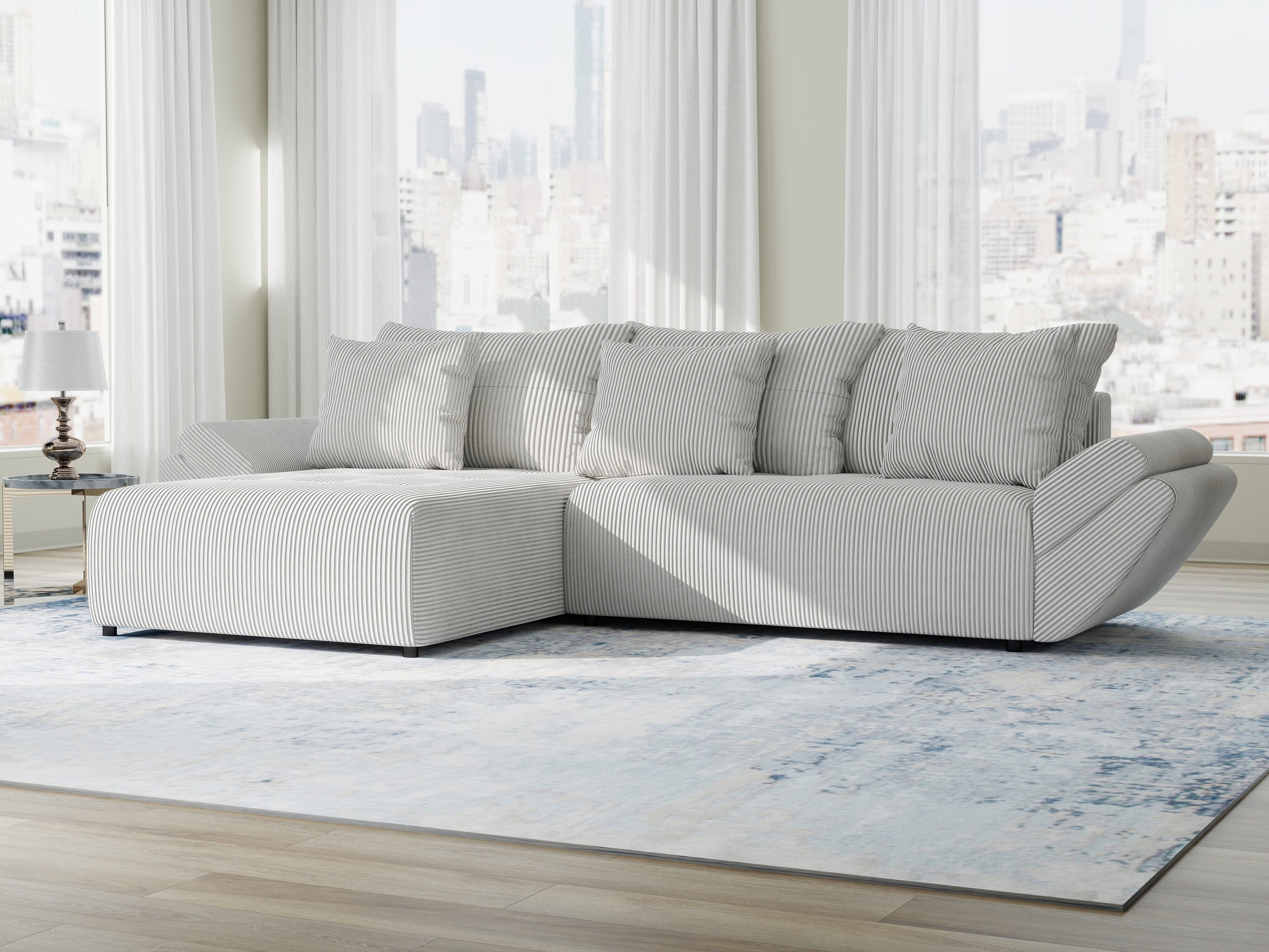 Colțar extensibil dumonde cu ladă de depozitare si sezut confortabil din spuma high-density, Berlin Zoom Gri 280x185 cm