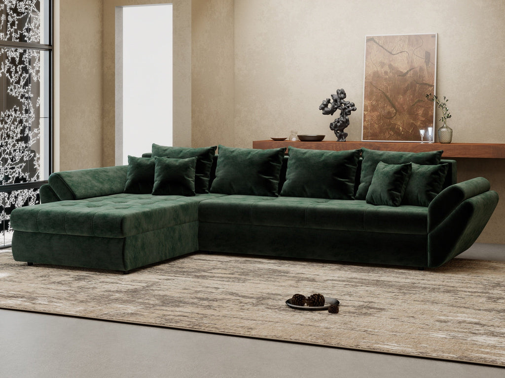 Colțar extensibil dumonde cu ladă de depozitare si sezut confortabil din spuma high-density, Loana XL Monolith Verde 335x185 cm