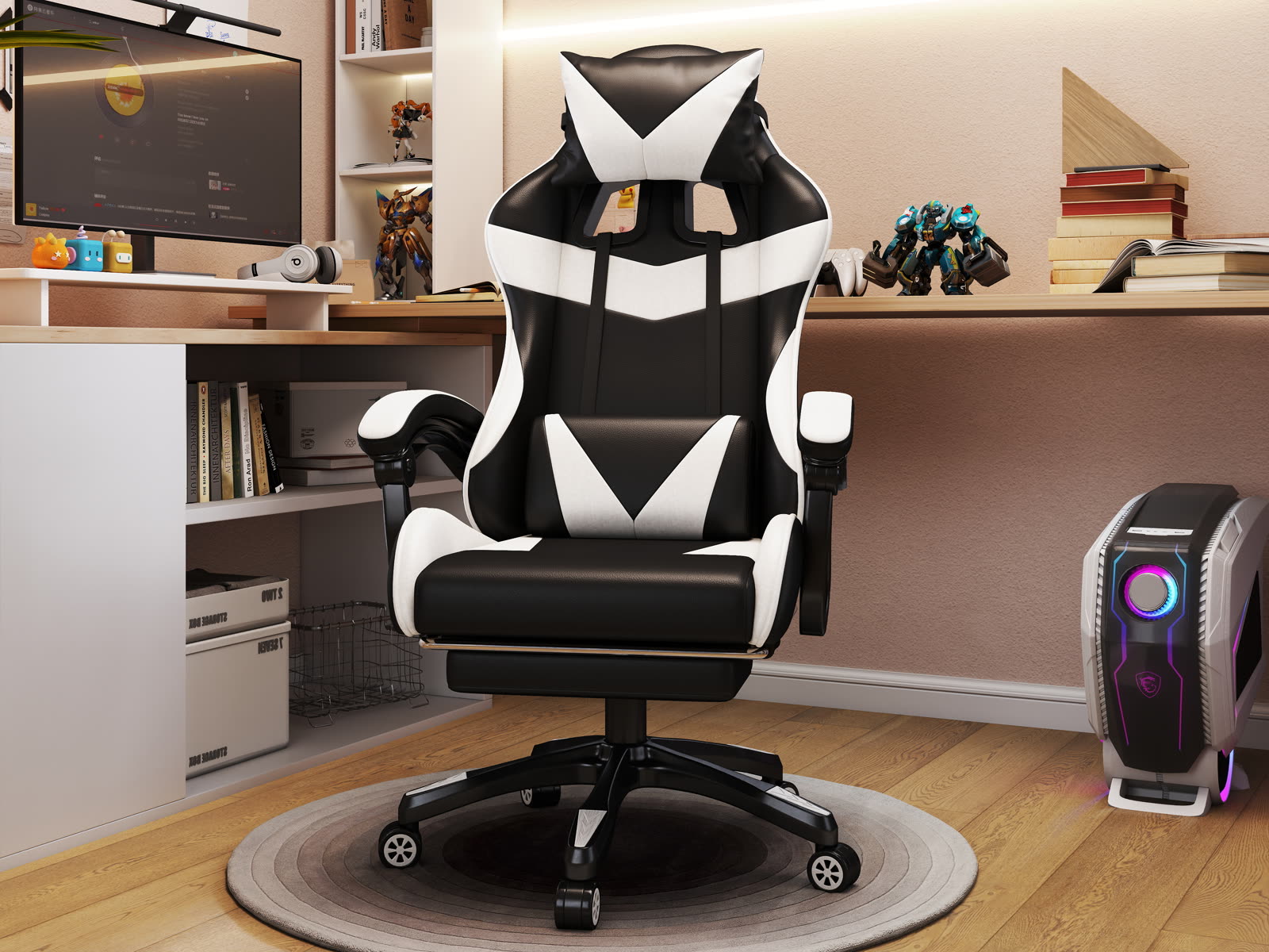 Scaun gaming Dumonde HELLION, mecanism multifuncțional, ecopiele, suport picioare, alb/negru