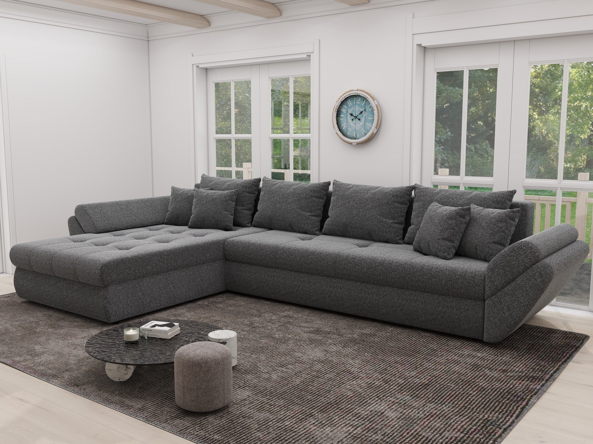 Colțar extensibil dumonde cu ladă de depozitare si sezut confortabil din spuma high-density, Loana XL Monte Gri 90 335x185 cm