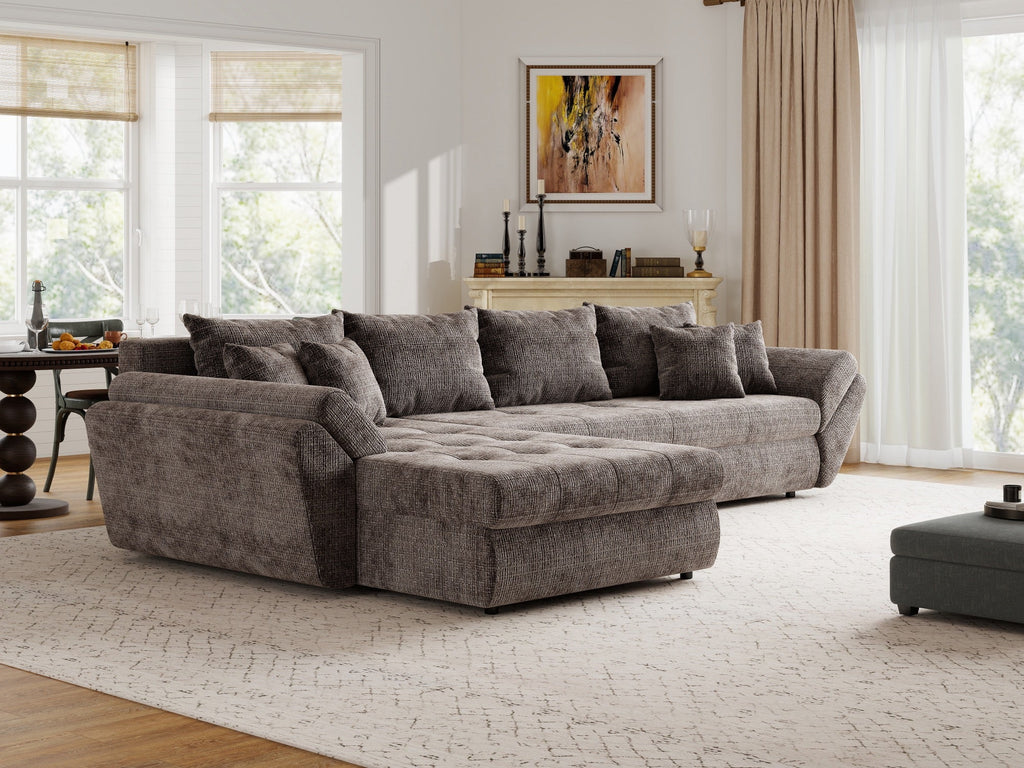 Colțar extensibil dumonde cu ladă de depozitare si sezut confortabil din spuma high-density, Loana XL Cremona Maro-bej 335x185 cm