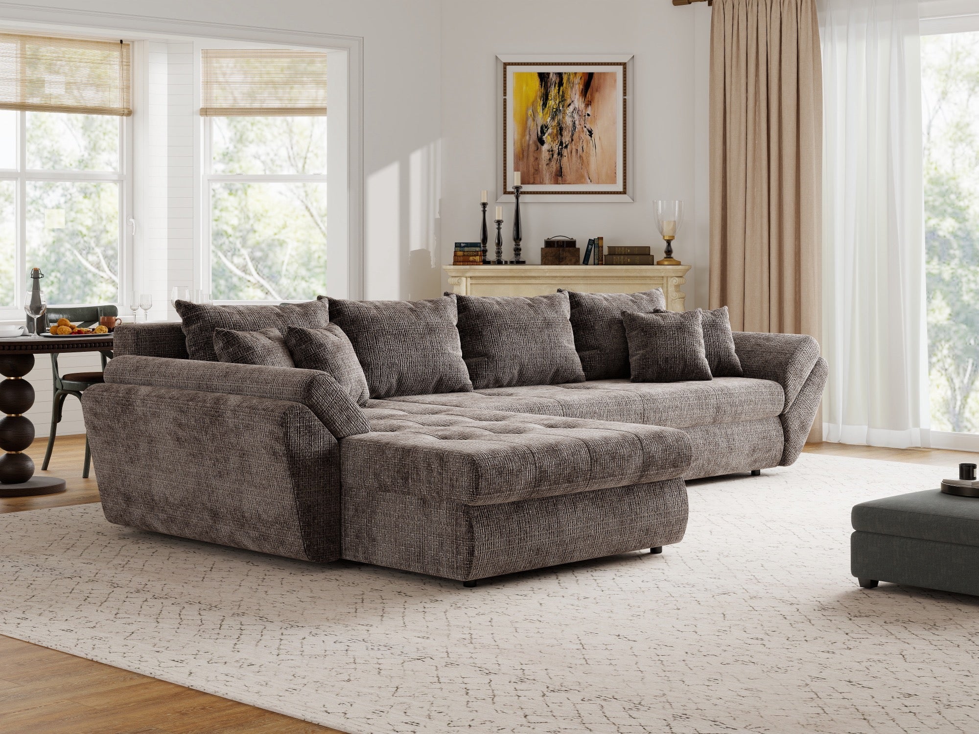 Colțar extensibil dumonde cu ladă de depozitare si sezut confortabil din spuma high-density, Loana XL Cremona Maro-bej 335x185 cm