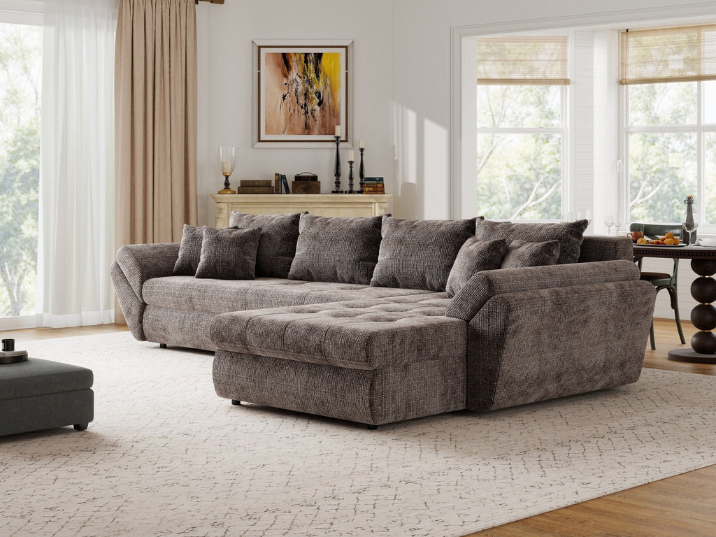 Colțar extensibil dumonde cu ladă de depozitare si sezut confortabil din spuma high-density, Loana XL Cremona Maro-bej II 335x185 cm