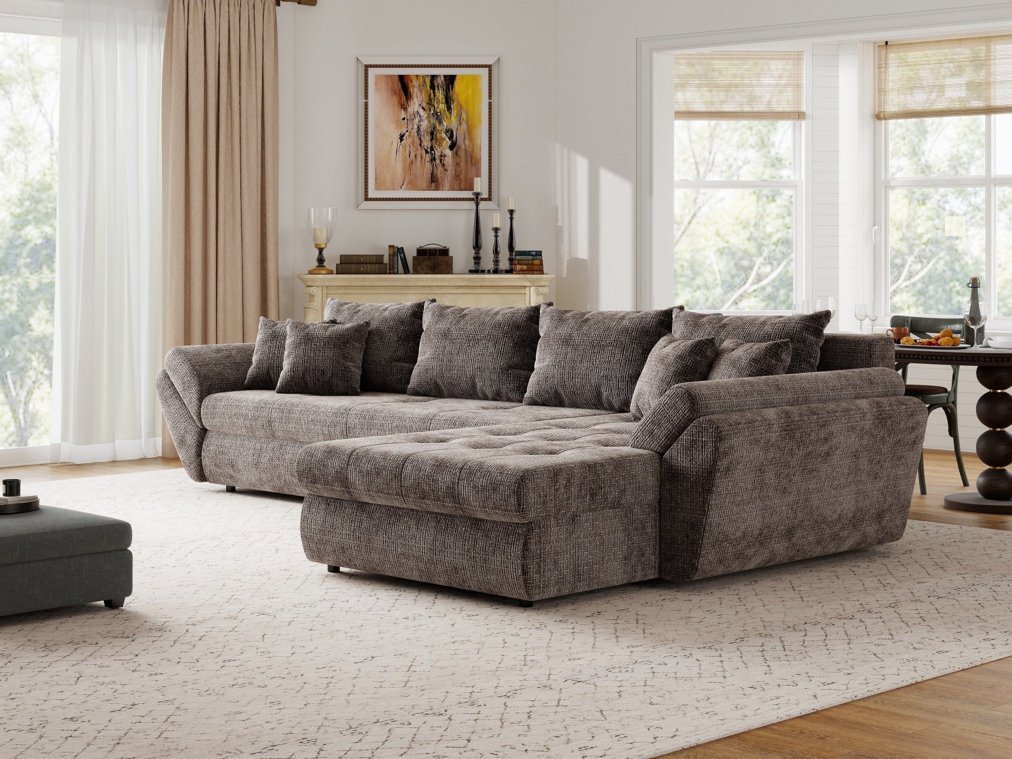 Colțar extensibil dumonde cu ladă de depozitare si sezut confortabil din spuma high-density, Loana XL Cremona Maro-bej II 335x185 cm